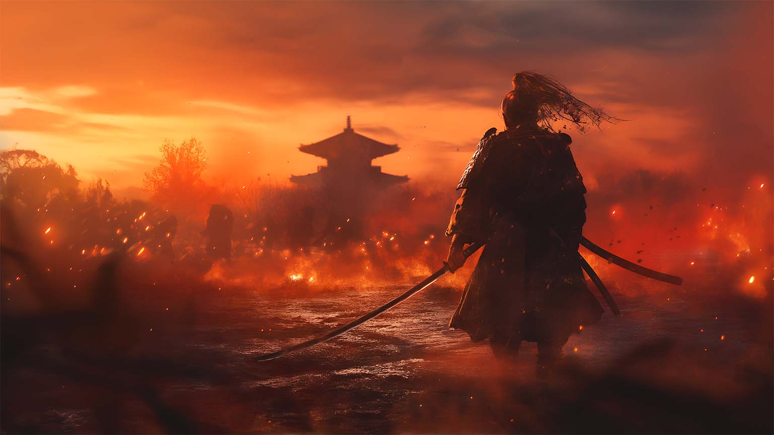 1536x864 Ghost of Tsushima Burning Village Samurai Desktop Wallpaper 4K