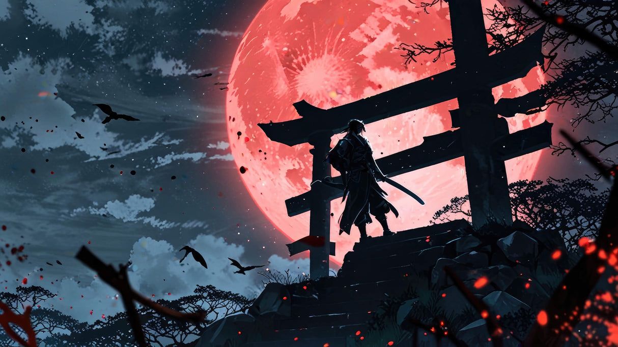1214x683 Japanese Mural Wallpaper. Samurai Red Moon Night Scene