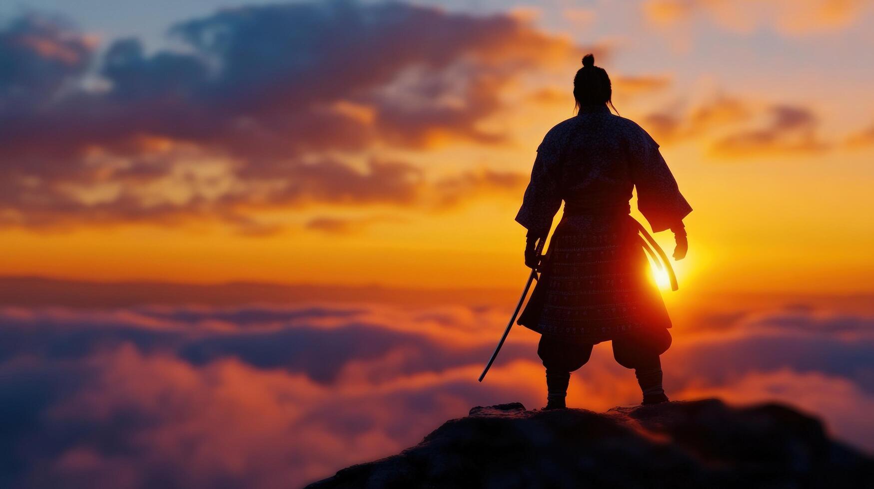 1749x980 Samurai sunset mountaintop silhouette, dramatic sky, warrior, peace