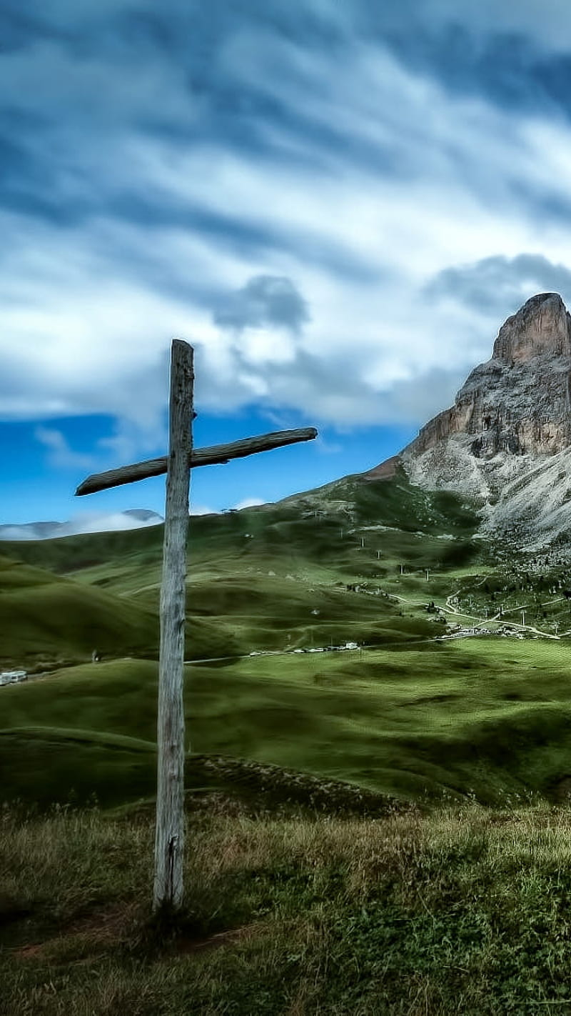 800x1422 Wooden cross, christian, cloudy, field, jesus, landscapes, mountain, son of god, HD phone wallpaper