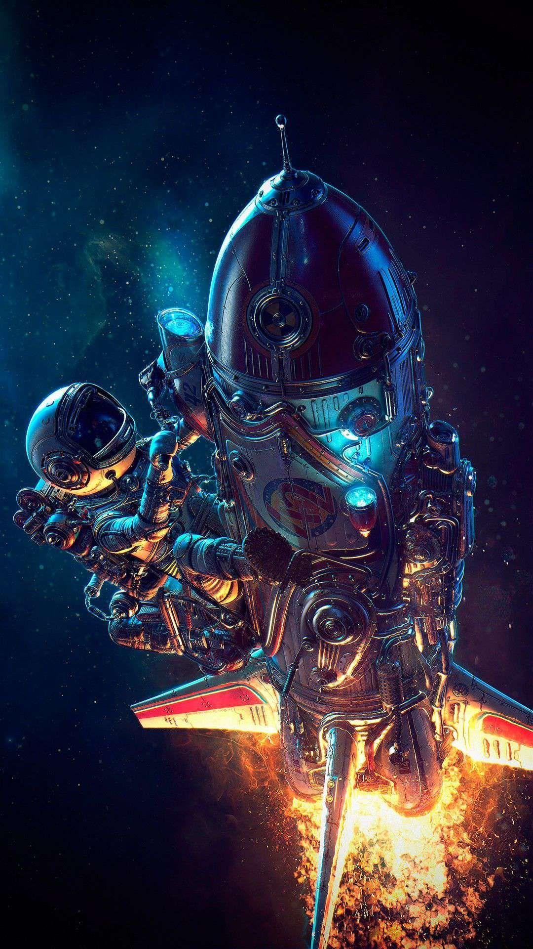 1080x1920 Space Astronaut on Rocket Ship iPhone Wallpaper. Art spatial