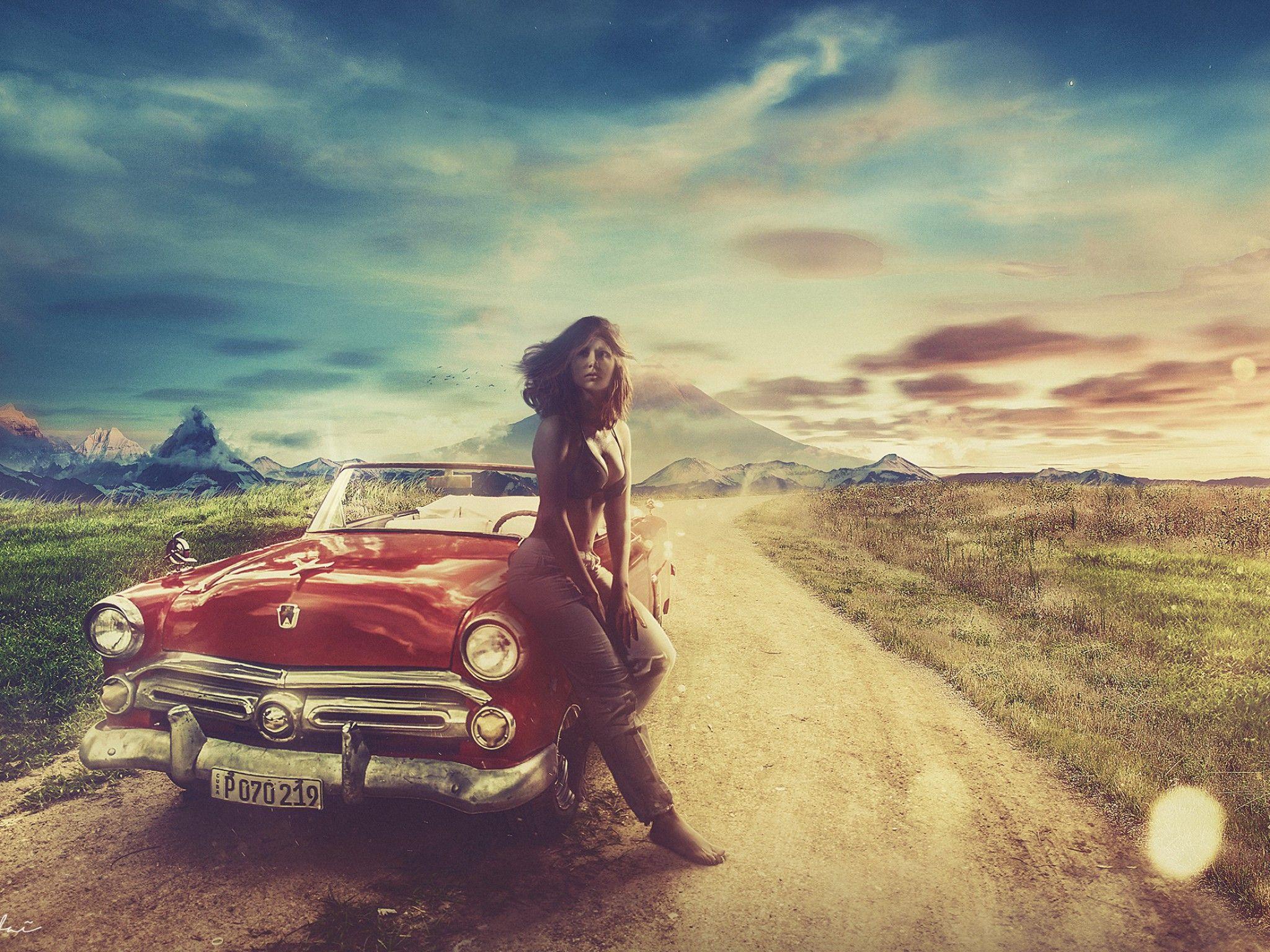 2048x1536 Wallpaper Hot girl, Vintage car, Landscape, Warm, HD, Fantasy