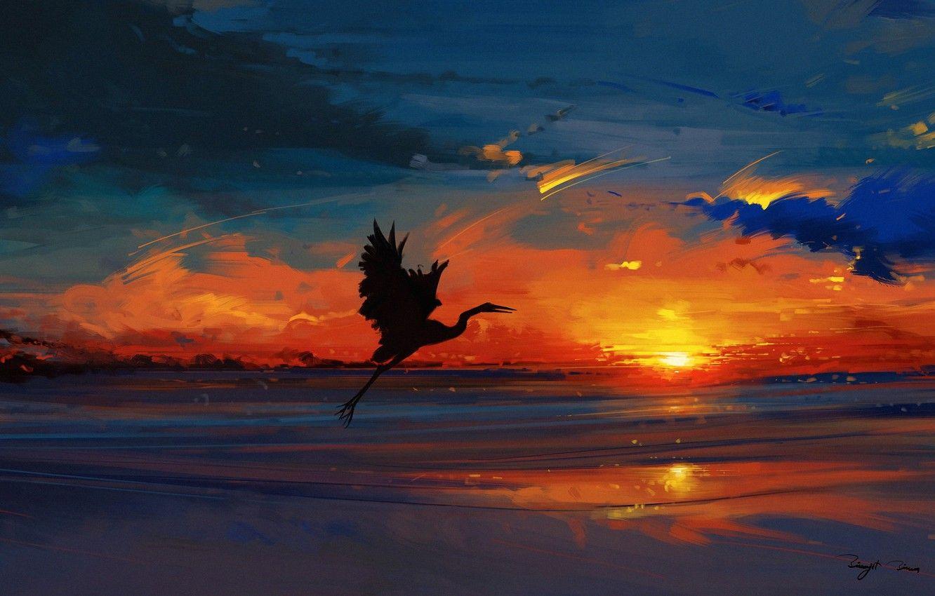 1332x850 Wallpaper sky, sea, landscape, nature, bird, sunset, water, art, clouds, evening, sun, artist, digital art, artwork, silhouette, painting art image for desktop, section арт