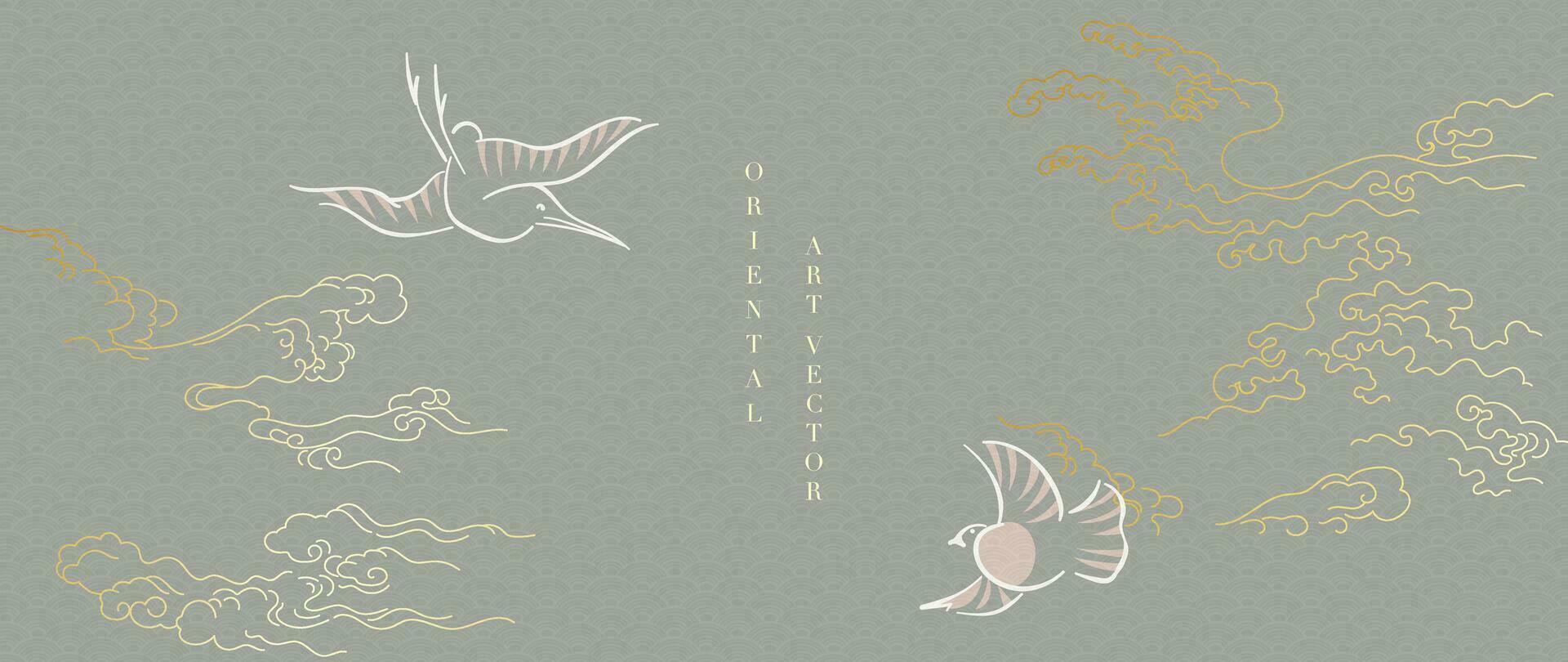 1920x810 Luxury gold oriental style background vector. Chinese and Japanese wallpaper pattern design of bird, cloud, watercolor, line art. Minimal design illustration for decoration, wall decor, banner