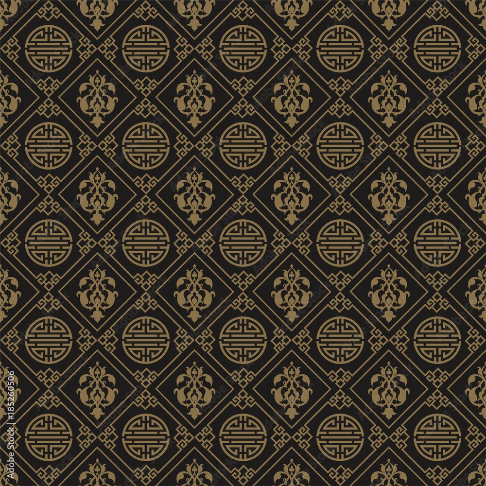 1000x1000 Chinese wallpaper pattern, Asian style. Seamless pattern brown background. Dark texture. Vector image Stock Vector