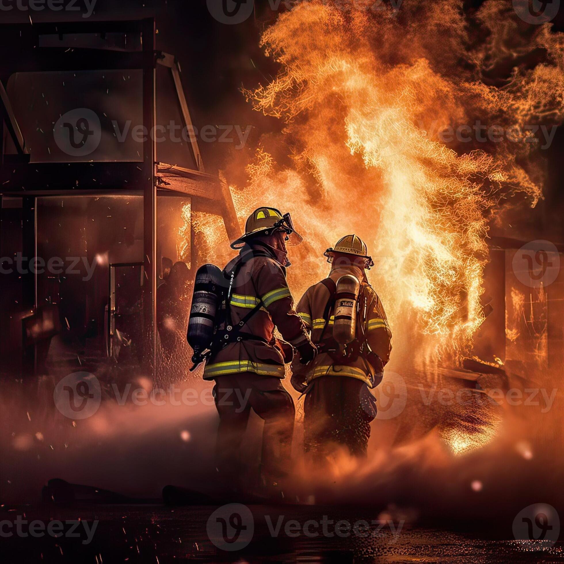 1960x1960 Firefighter in foreground with burning buildings in background. safety fire fighter team, department Fireman in special heat resistant protection suit. illustration