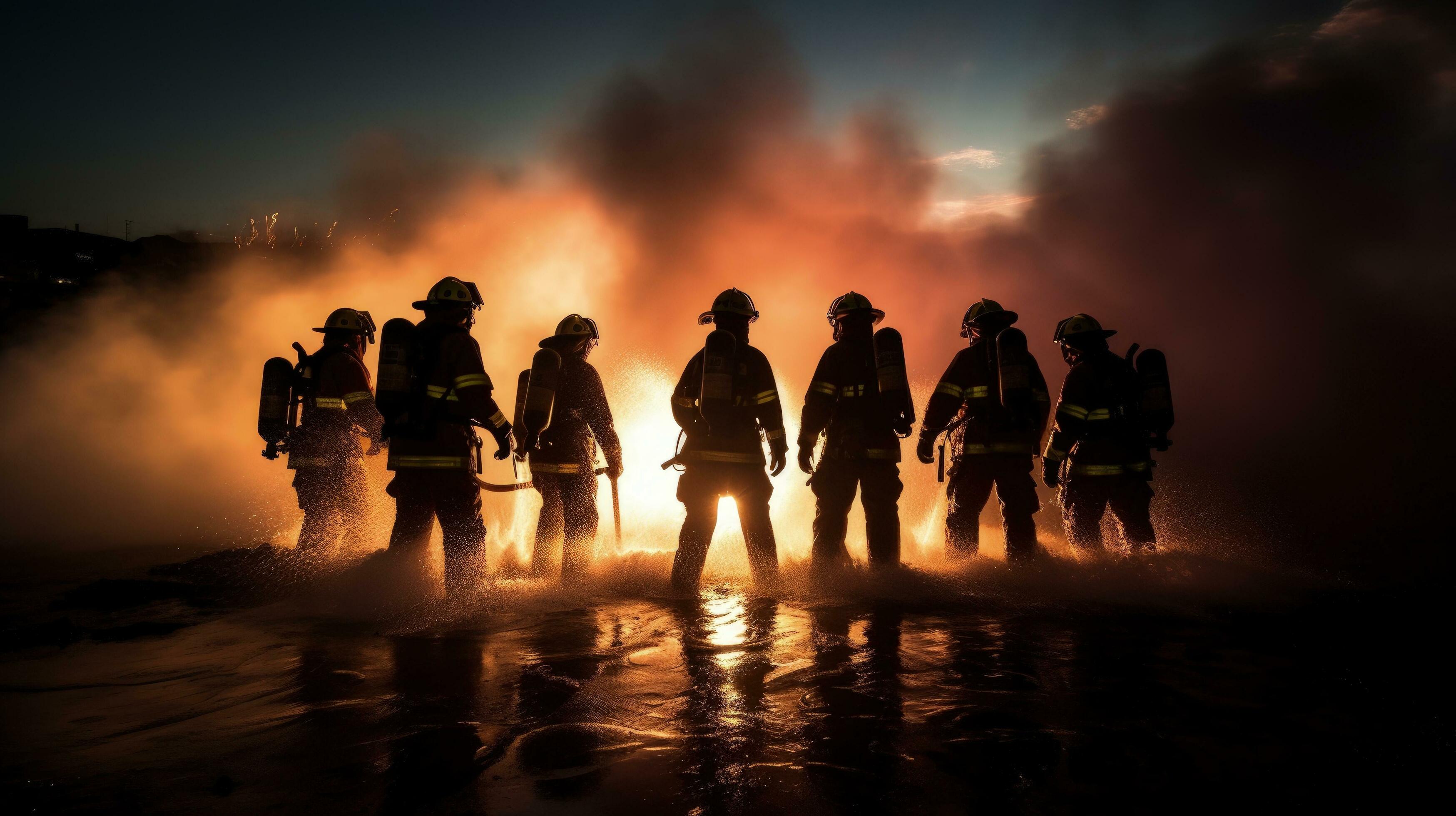 3497x1960 Firefighters using high pressure water to battle a fire The professional firemen training for emergencies Occupational training for fireman s safety. silhouette concept