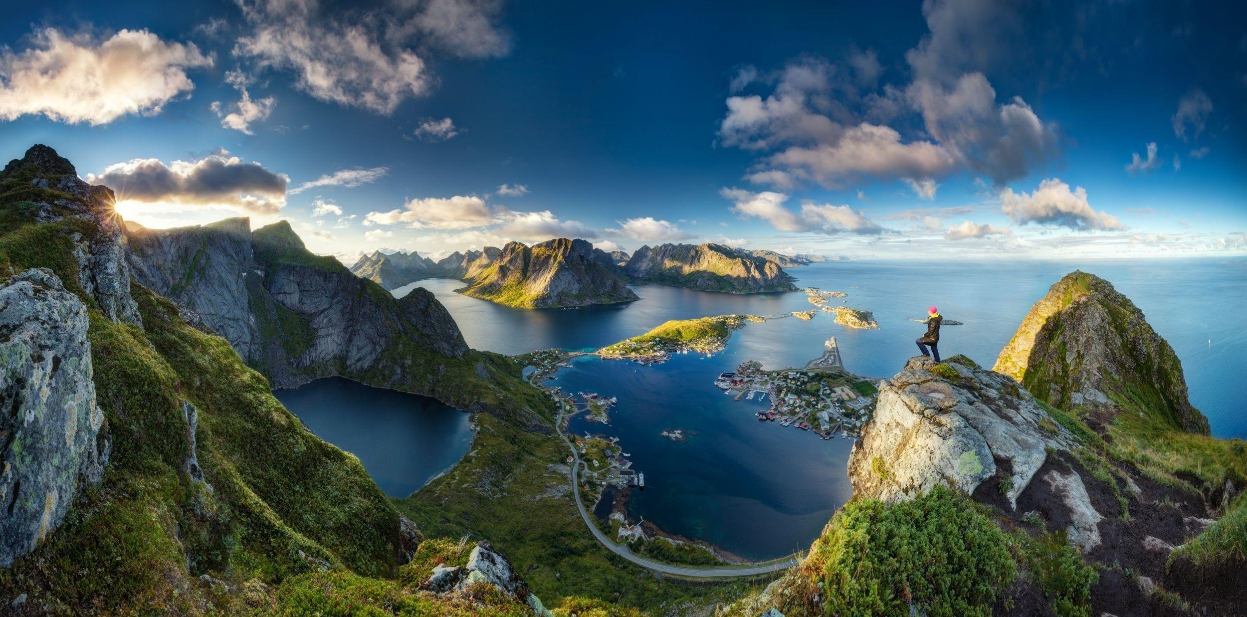 2500x1237 beautiful, town, islands, mountains, ocean, Artic, clouds, sunrise