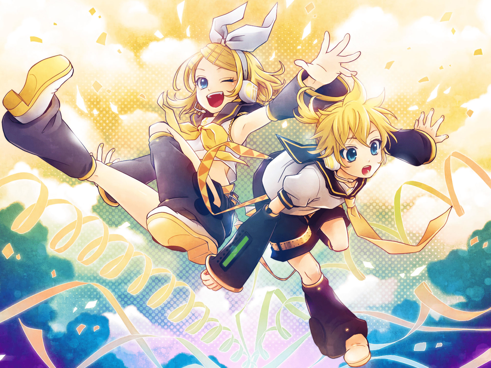 1920x1440 Vibrant HD Anime Wallpaper: Len & Rin Kagamine Vocaloid Duo in Action
