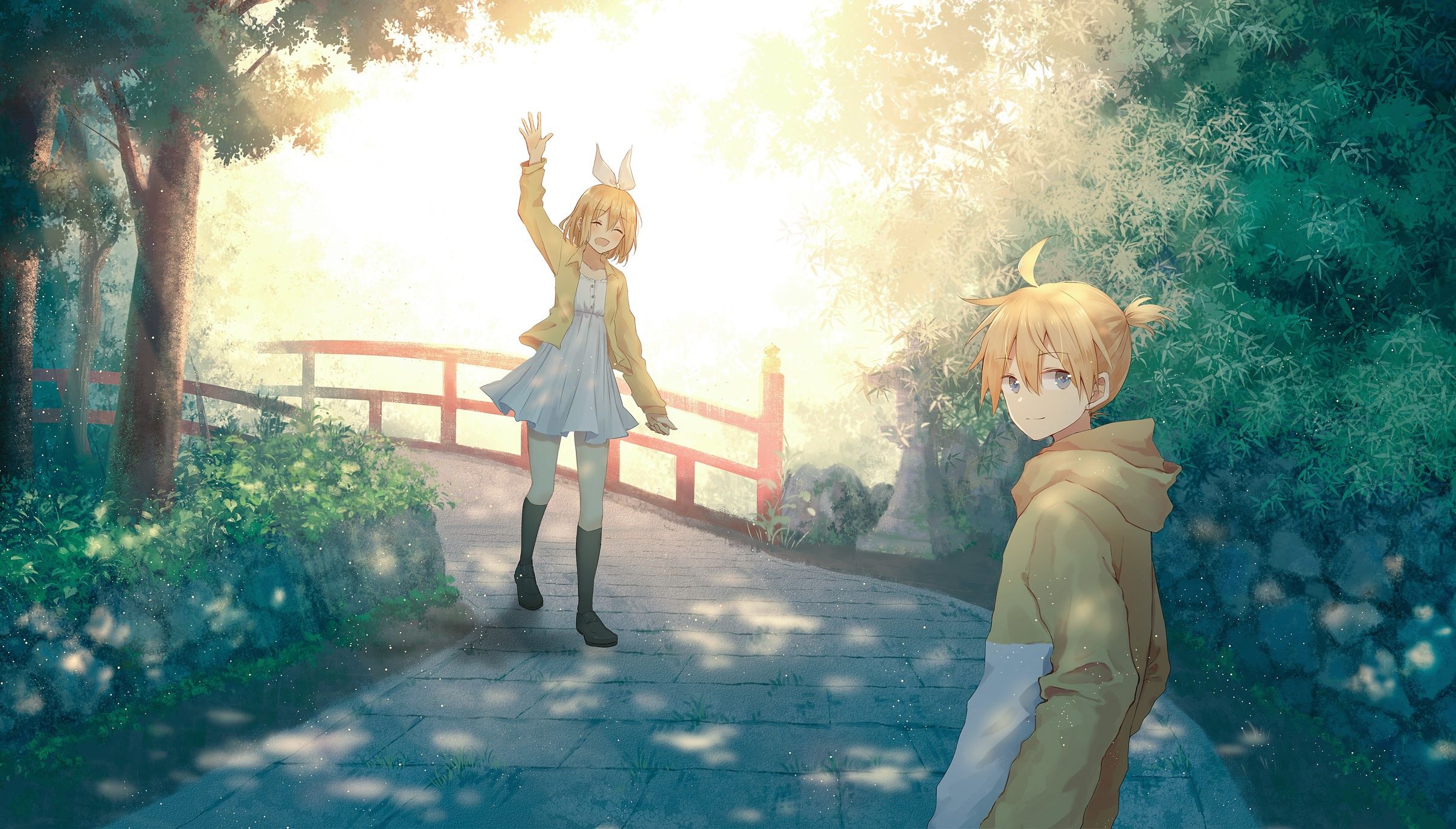 2410x1372 Wallpaper anime, art, vocaloid, two, kagamine rin, kagamine len for mobile and desktop, section прочее, resolution 2410x1372