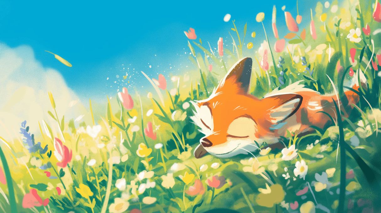 1214x681 Forest Animals Mural Wallpaper. Sleeping Fox in Spring Meadow