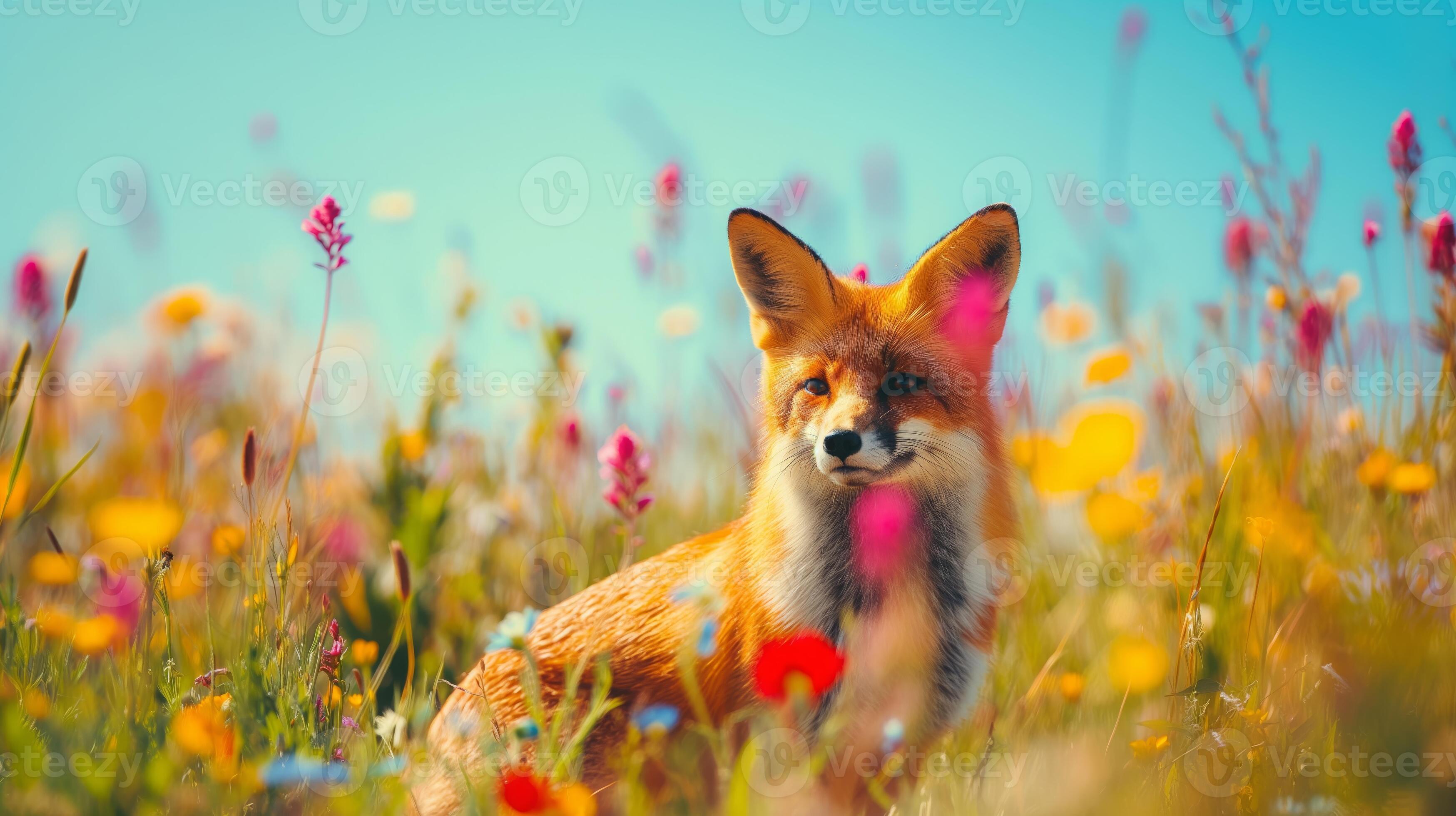 3497x1960 Curious Red Fox In A Vibrant Wildflower Meadow, Ideal For Spring And Nature Themed Prints