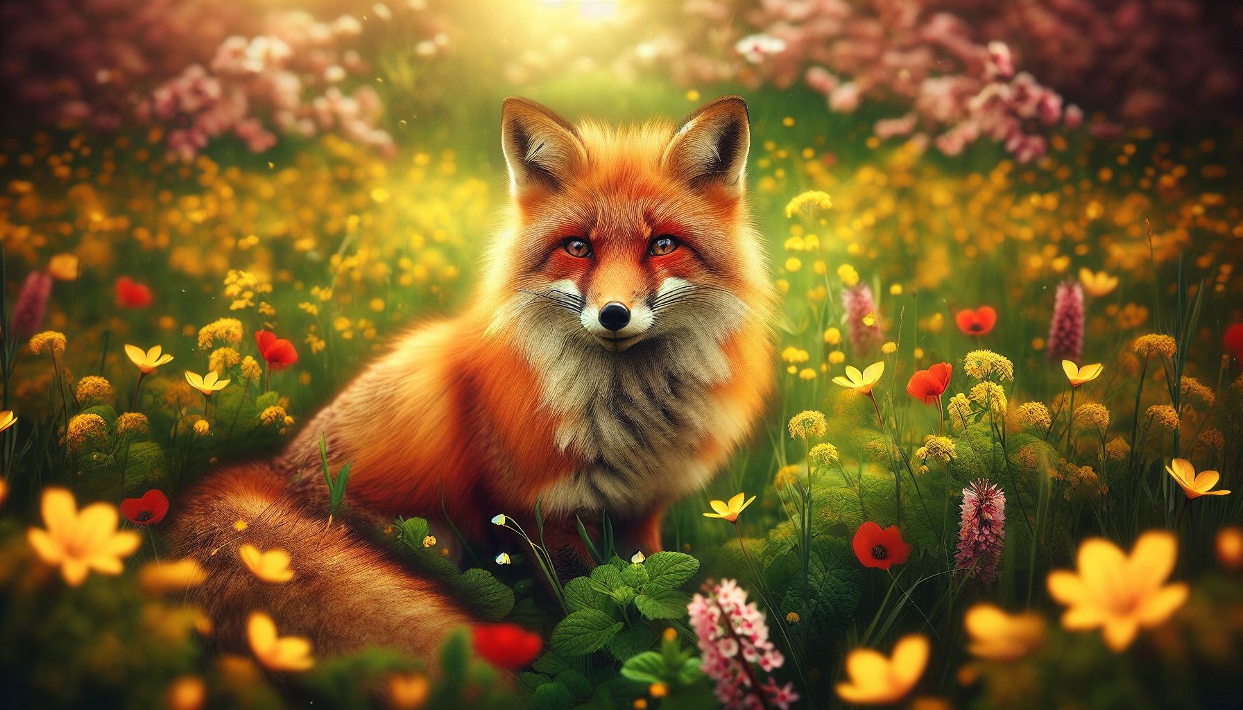 1792x1024 Fox Mural Wallpaper. Field of Flowers with Red Fox