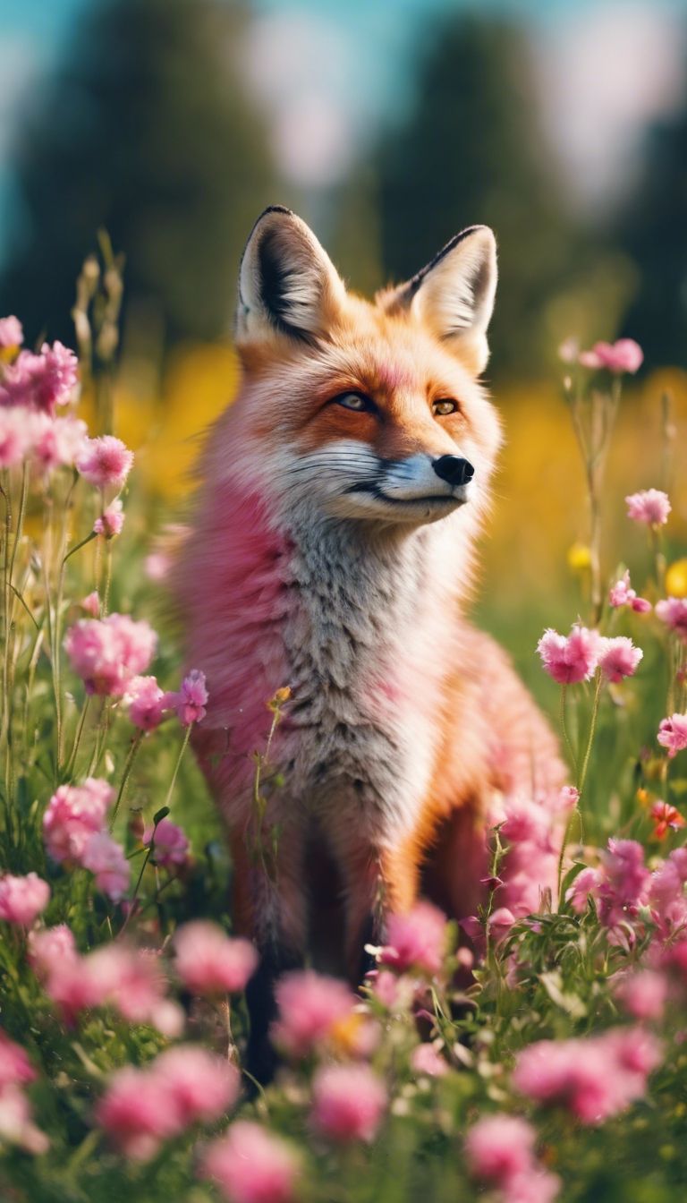 768x1344 A cheerful pink fox playing in a meadow filled with colorful spring flowers under a bright blue sky. Wallpaper [6bfee3481a434ff8860e]