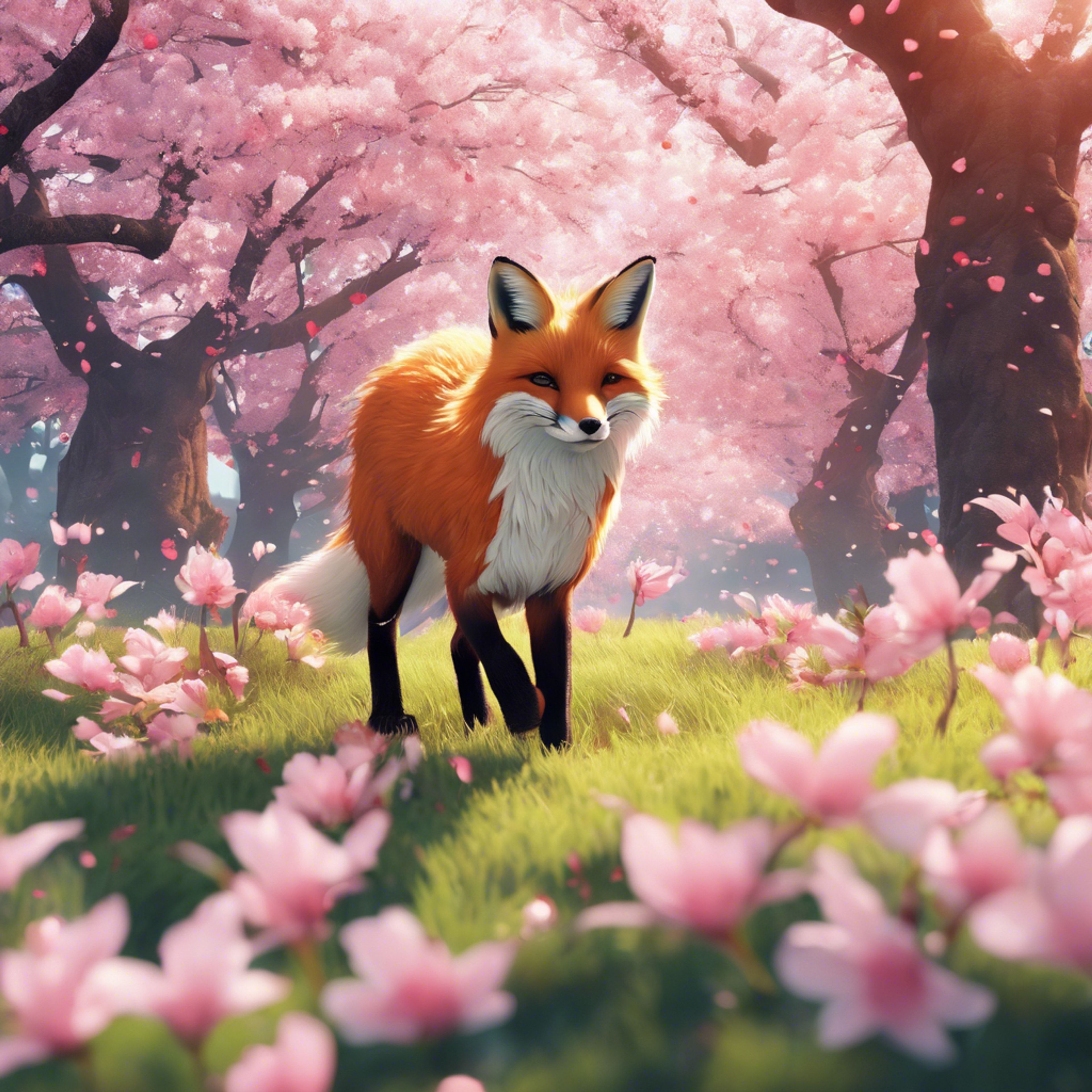 3840x3840 An Anime Style Fox Frolicking In A Field Bursting With Vibrant Cherry Blossoms. Wallpaper [659669bd9d6842e69b90] By Wallpaper HD