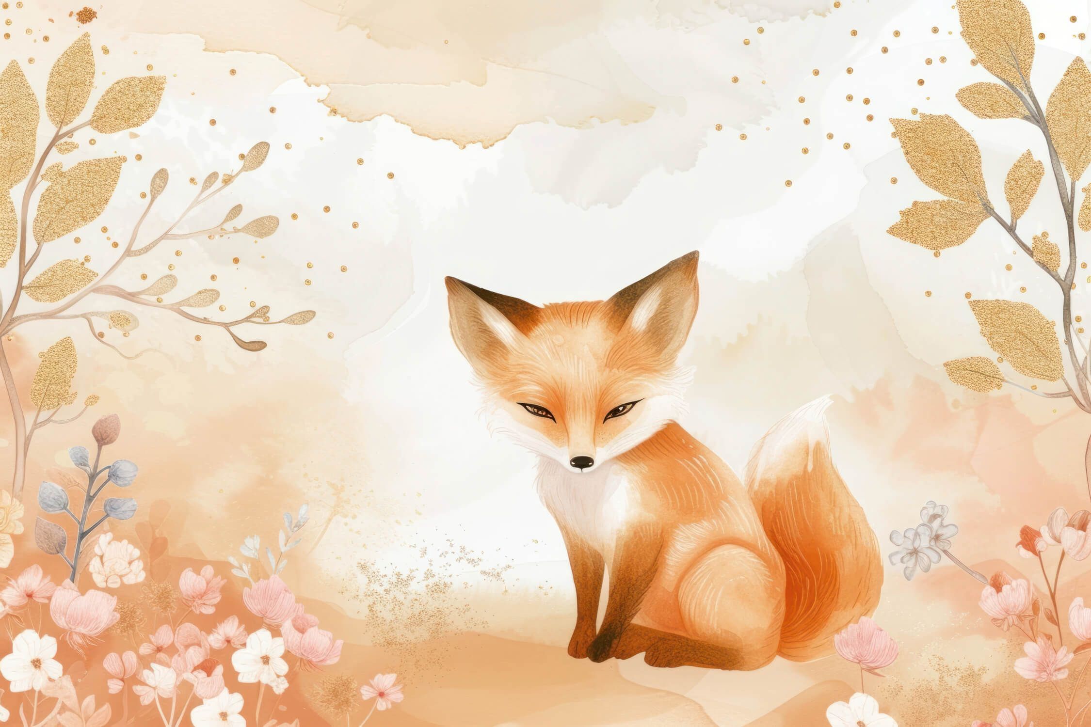 2250x1500 Forest Animal Mural Wallpaper. Magical Fox with Golden Florals