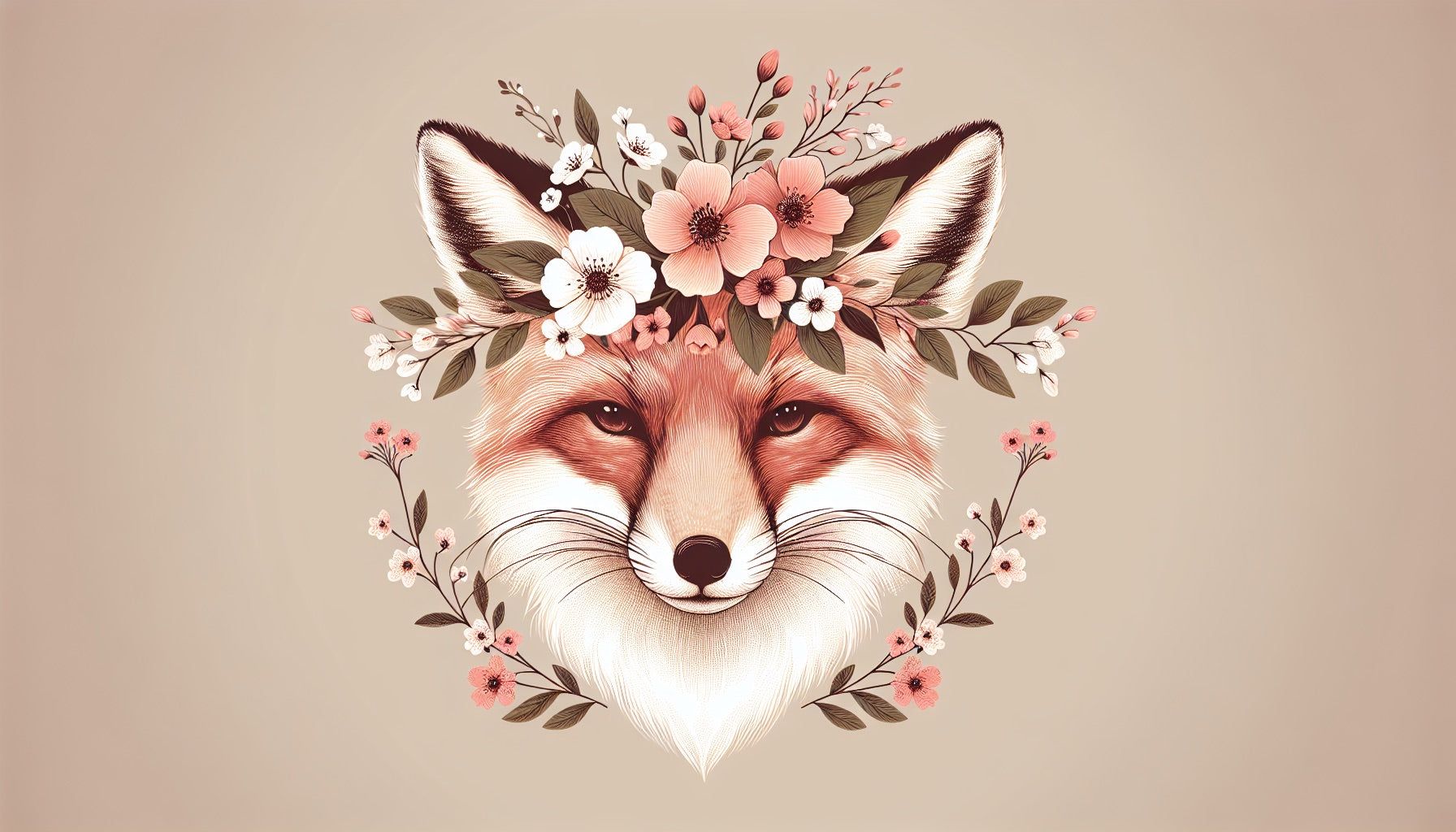 1792x1024 Fox Mural Wallpaper. Flower Crown and Fox Head