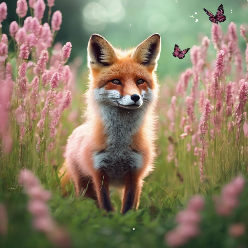 1024x1024 An animated pink fox trotting through a field of tall, green grass with butterflies dancing around. Wallpaper [878ba56f049e47699ca3]