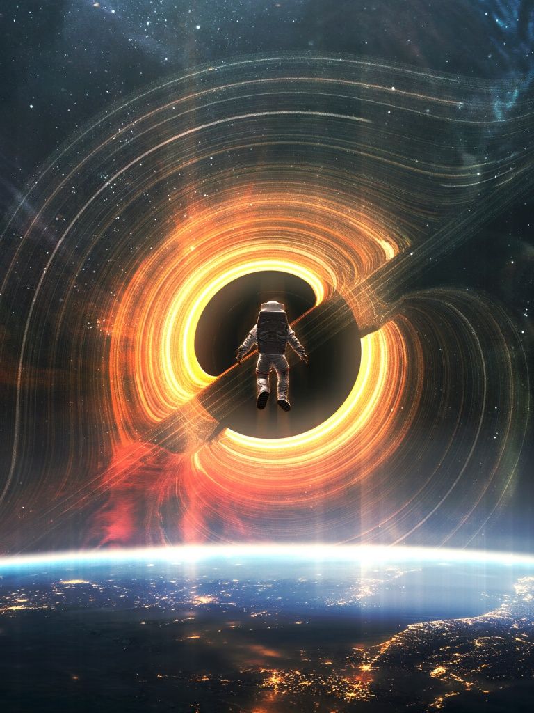 768x1024 Refraction Wallpaper 4K, Black hole, Astronaut