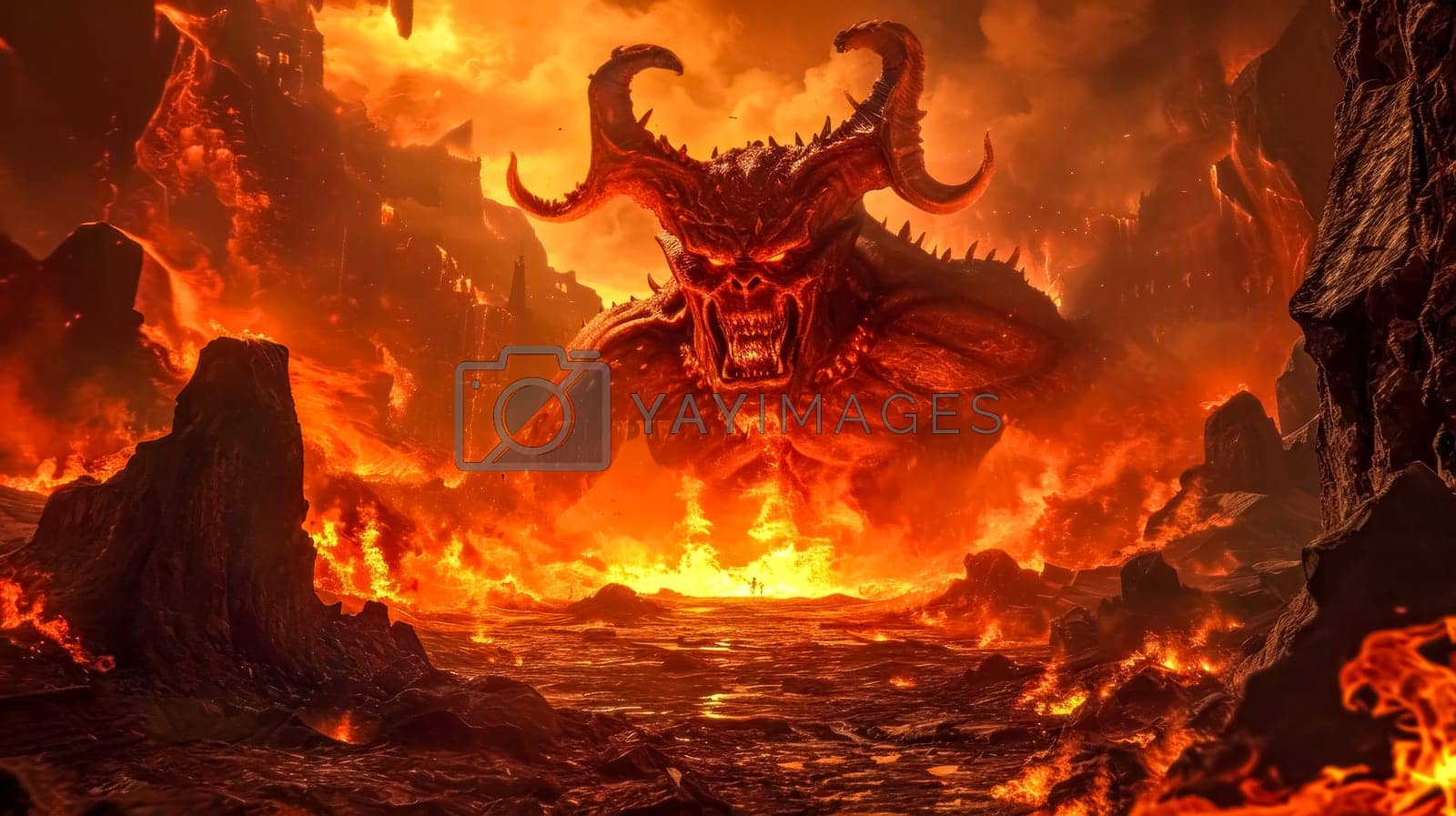 1600x897 hell, towering, horned demon looming over a fiery hellscape, with an apocalyptic atmosphere ideal for dark fantasy themes. by Edophoto Vectors & Illustrations with Unlimited Downloads