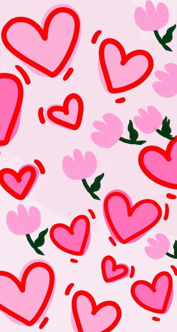 700x1313 Cute Valentine Wallpaper with Pink Hearts and Tulips