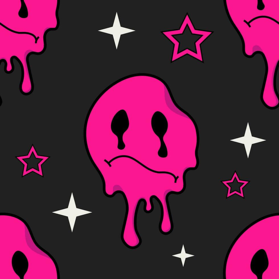 980x980 Emo pattern on a black background with an acid pink sad smile and stars. Trend pattern in retro style of the 2000s