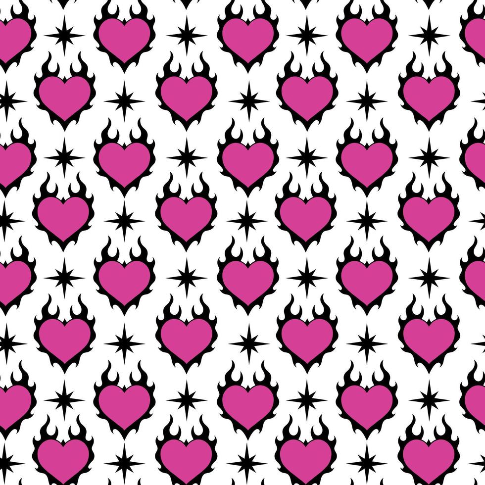 980x980 Emo goth semless pattern with heart in flame and stars. Y2k wallpaper, fabric, background, print. 90s, 00's heart shaped graphic in glam style