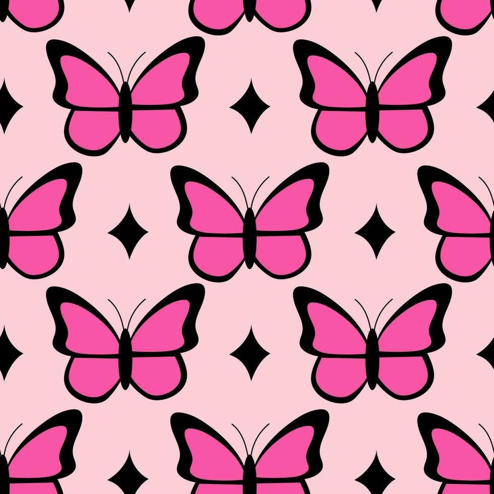 980x980 Pink emo seamless pattern with butterflies and stars. Y2k. Black and pink. Retro style of the 2000s