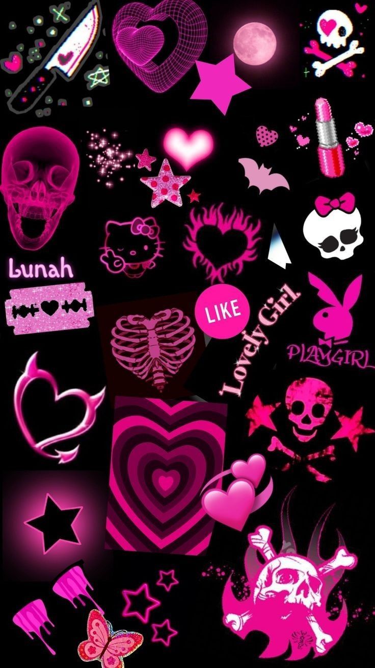 736x1308 Pink and Black Wallpaper with Stickers