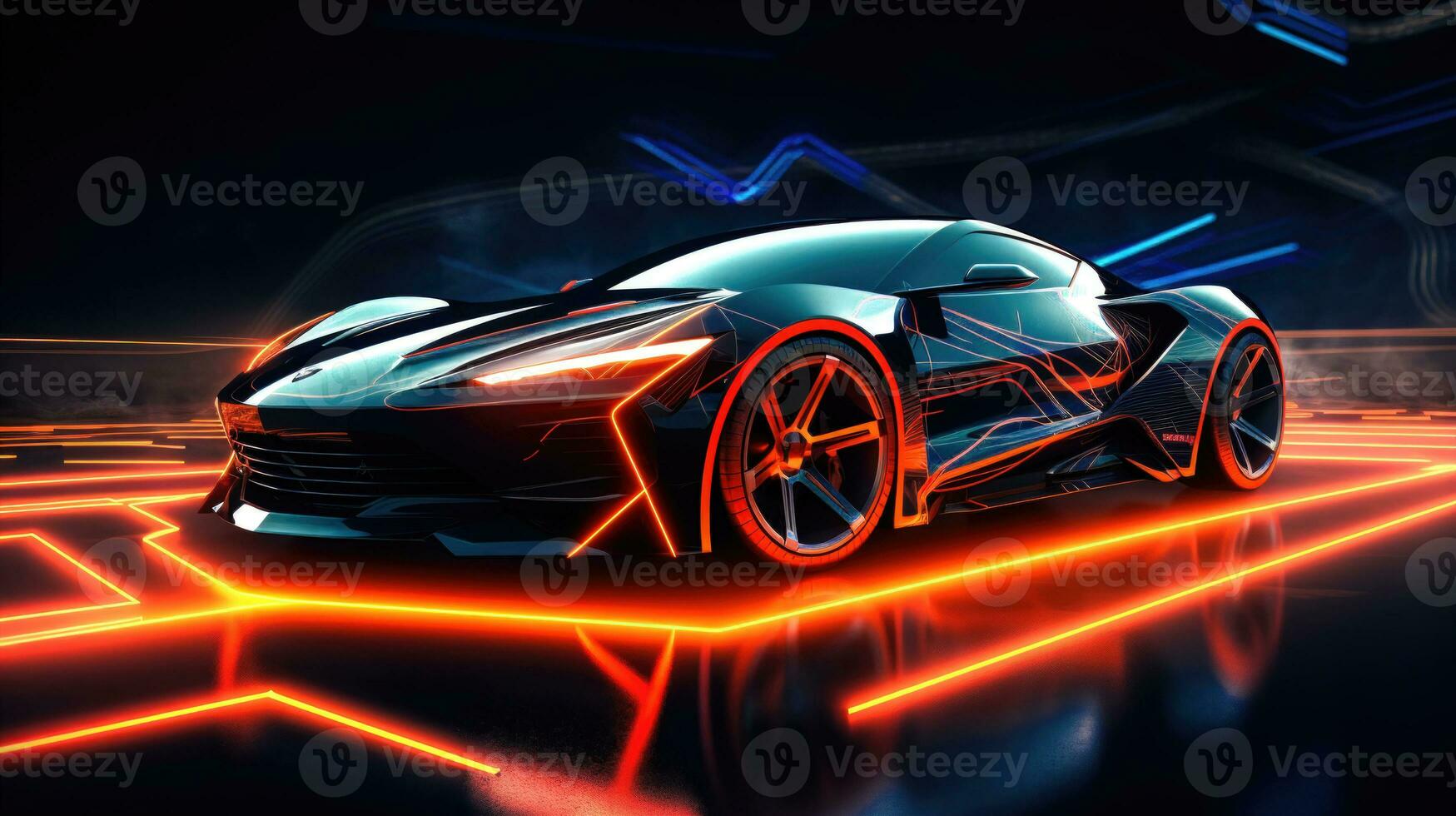 1749x980 Futuristic Sports Car with Neon Lights on a Neon Lit Track A Concept Car Art and Wallpaper AI Generated