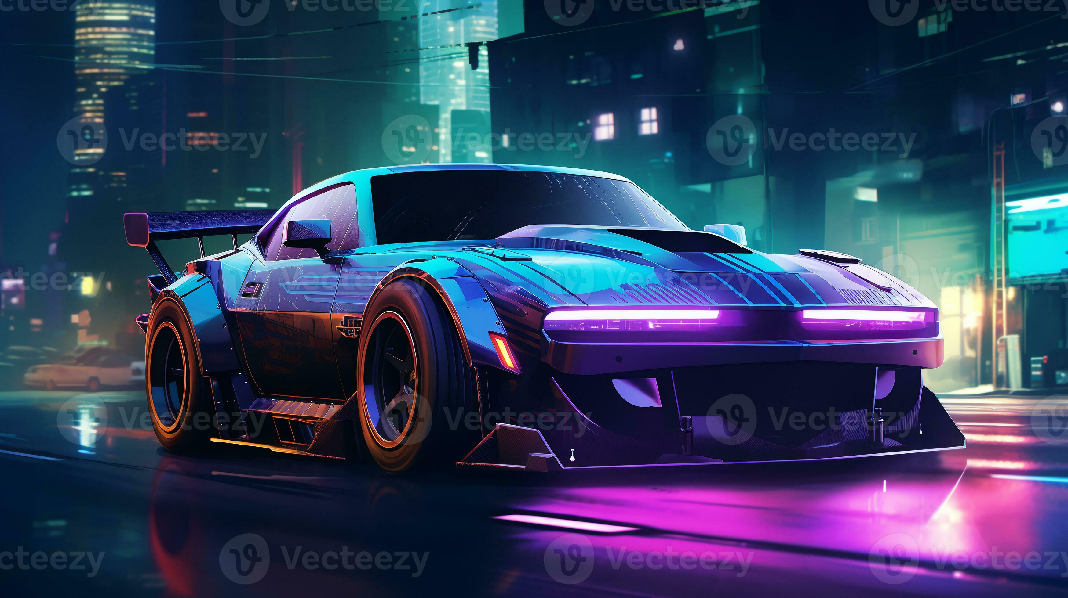 3497x1960 Futuristic sports car with retro design on a night city street with neon glowing lights. Cyberpunk background.ai generative