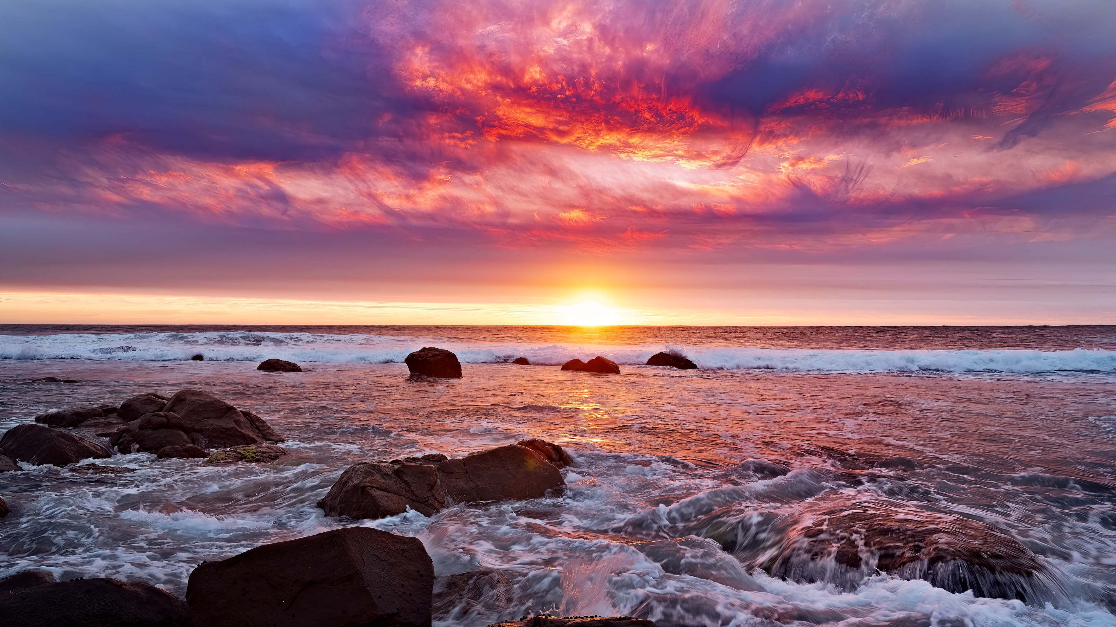 3840x2160 beautiful closeup view sea waves foam water rocks sunset horizon evening wallpaper background 4K HD Nature Wallpaper