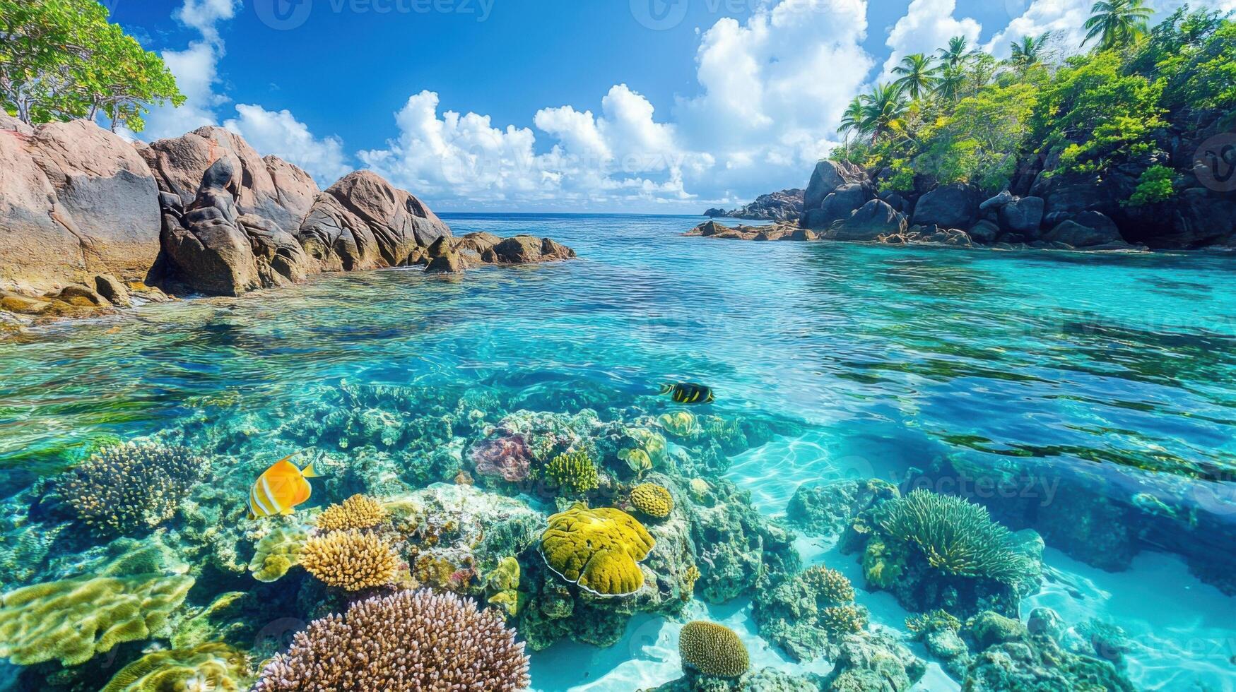 1749x980 Tropical island view. Clear ocean water with reef. Fish swimming among colorful coral. Rocky shore with green trees above the sea. Sunny sky and clouds