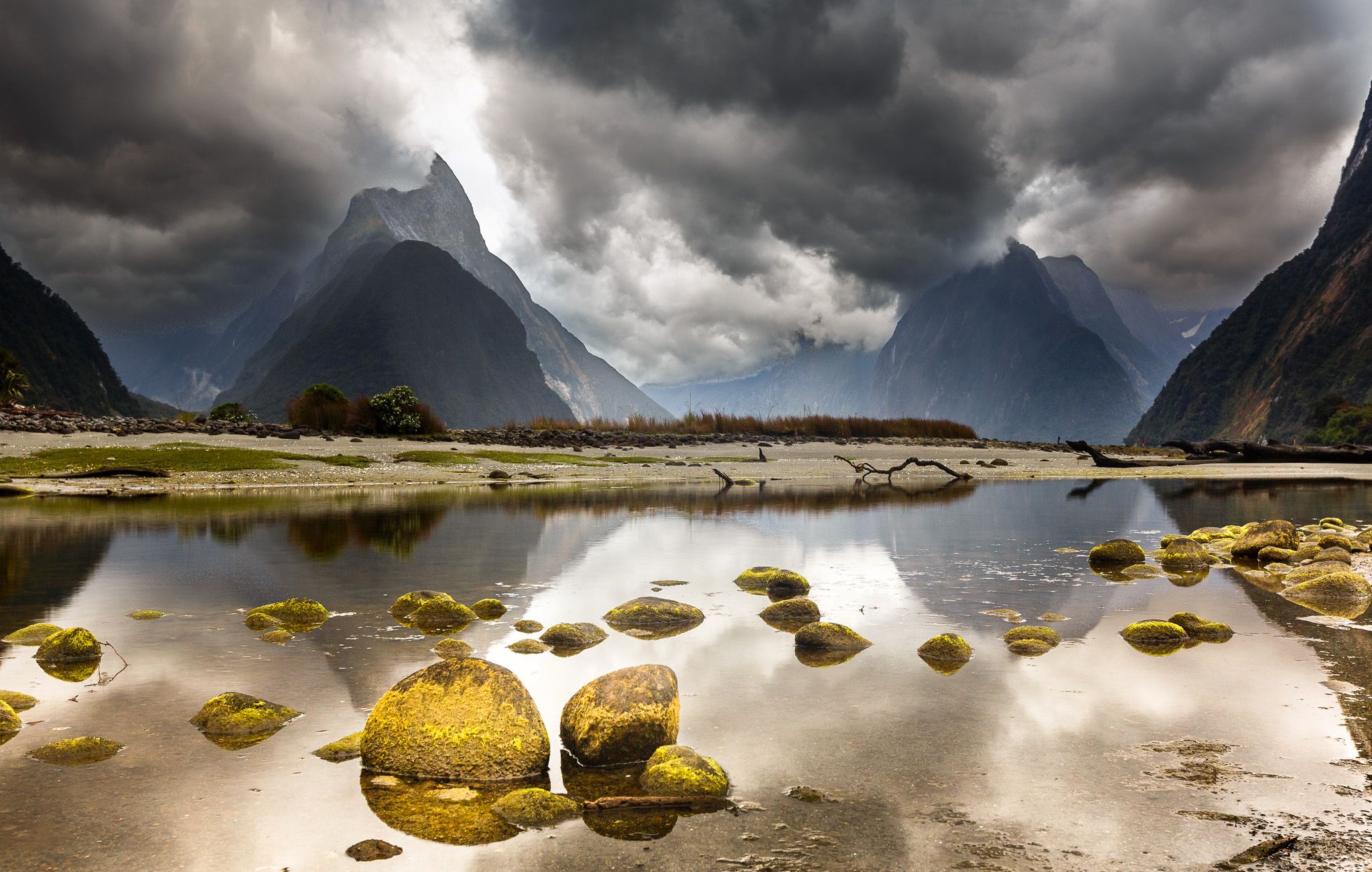 2048x1302 Wallpaper the sky, landscape, mountains, clouds, lake, stones, New Zealand for mobile and desktop, section природа, resolution 2048x1302
