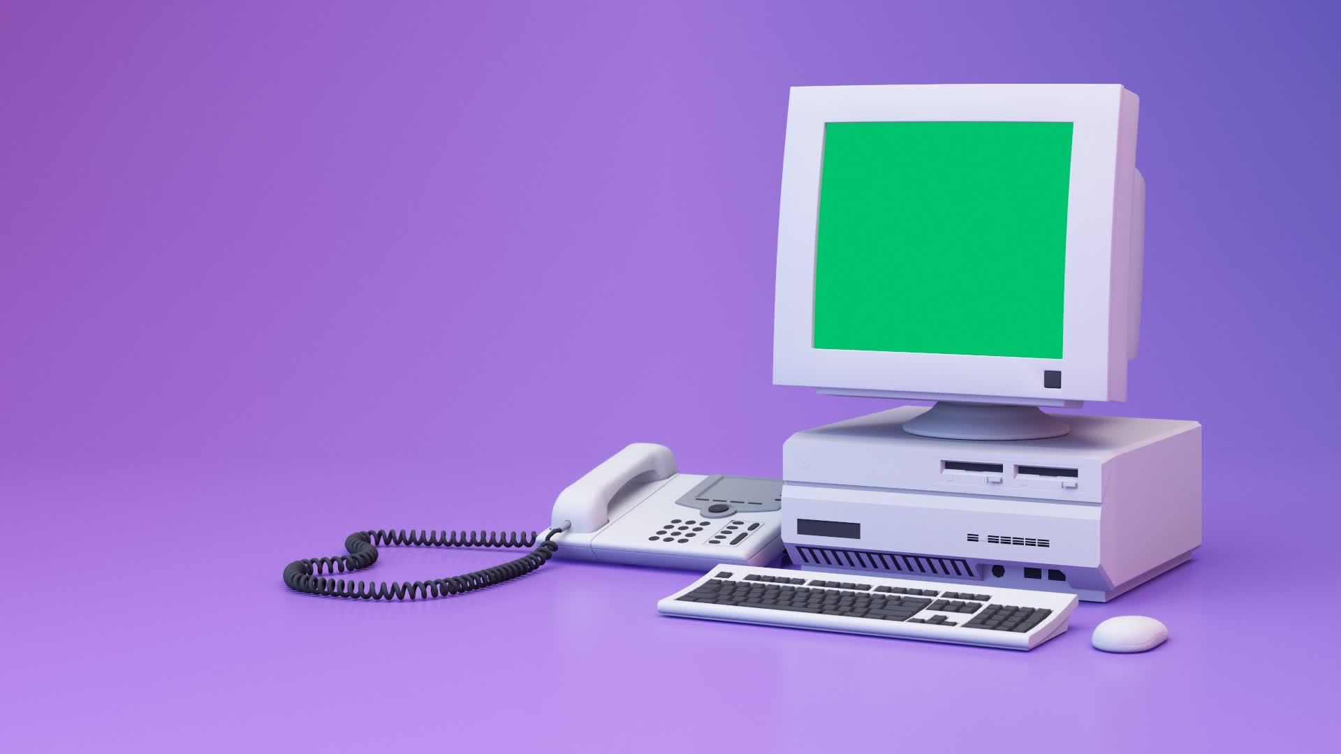 1920x1080 Abstract aesthetic background with 90s style system message windows, old vintage computer, mouse, keyboard, pop up icon system message window on pink and purple gradient y2k style realistic 3D render