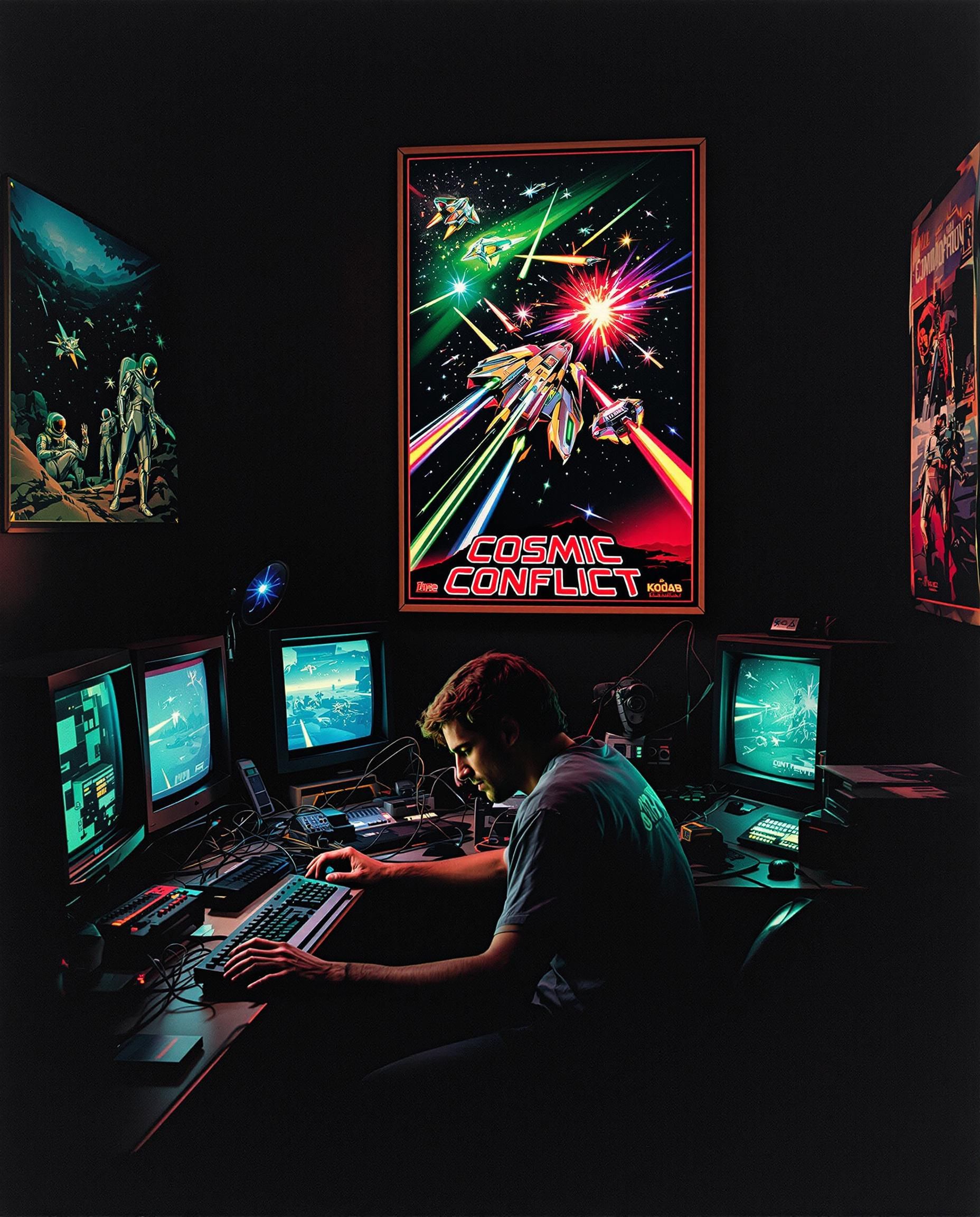 1856x2304 Lexica vintage photograph of an old computer room with retro tech, 80s style graphics on the screen and a lot of wires in dark colors. In front t
