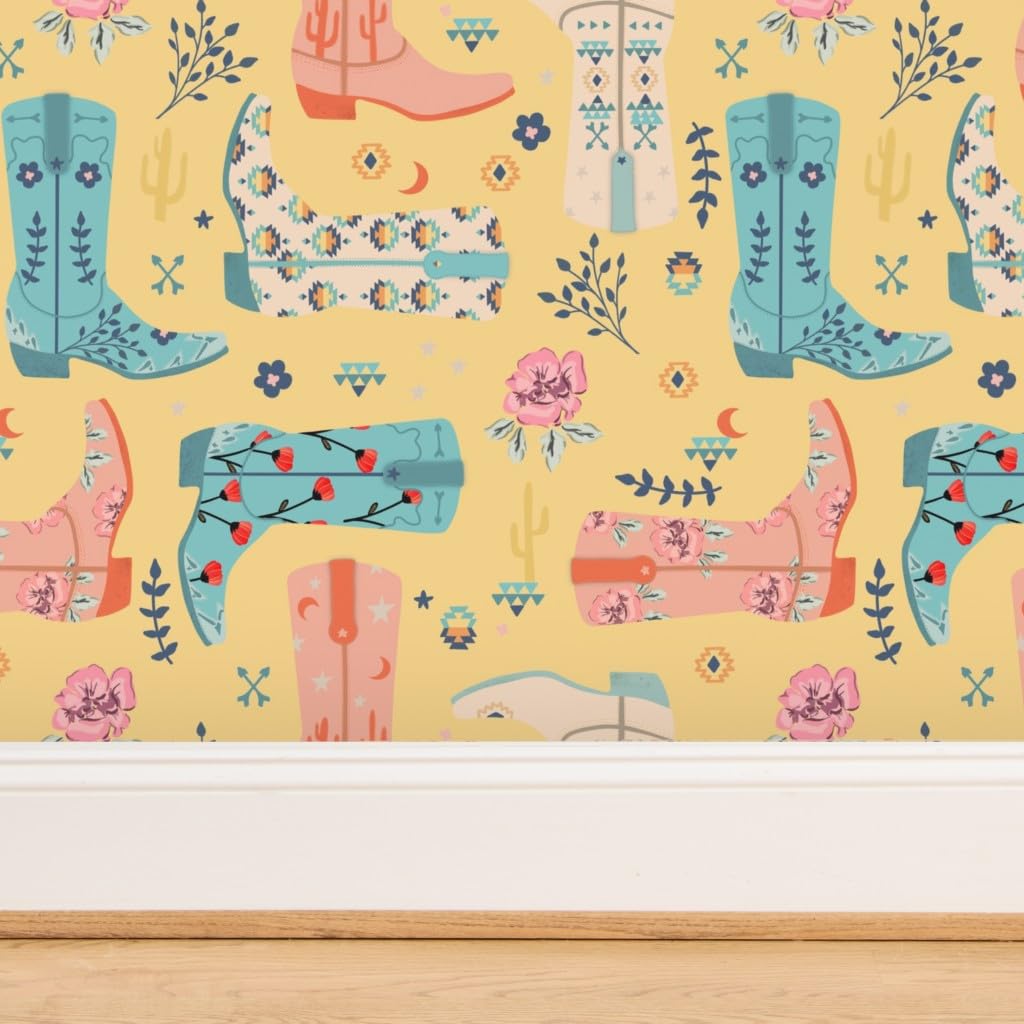 1024x1024 Commercial Grade Wallpaper Swatch Boots Floral West Western Cowboy American Traditional Wallpaper