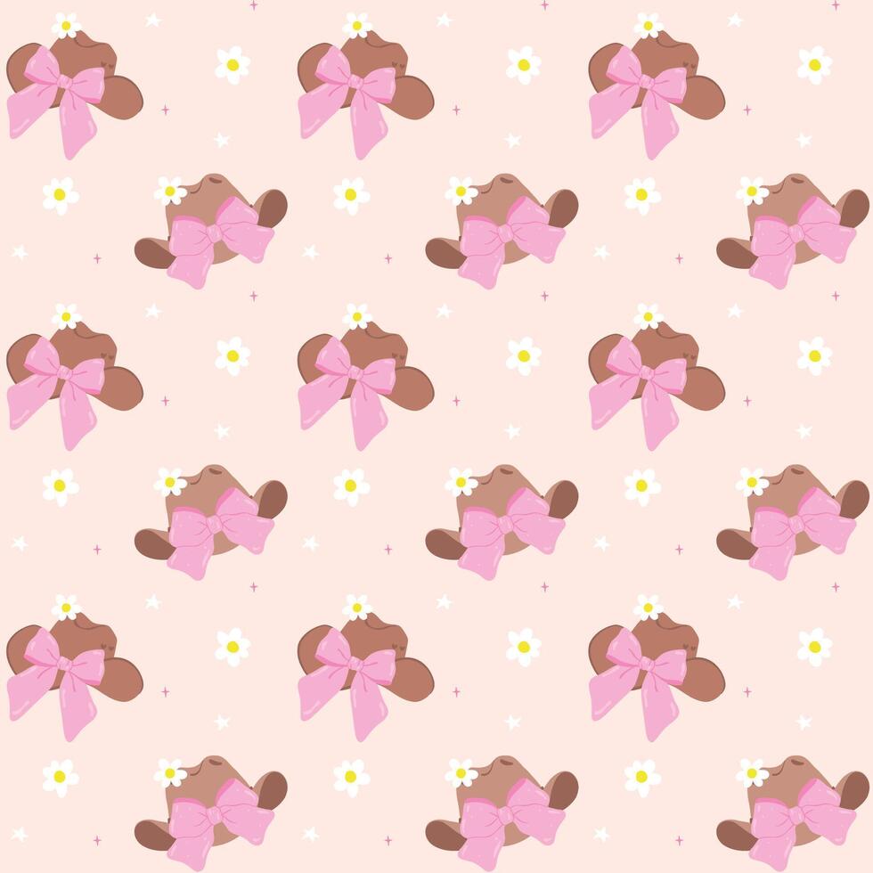 980x980 Retro Coquette Cowgirl Hat with bow Seamless Pattern, Girly Western Retro Wallpaper isolated on background