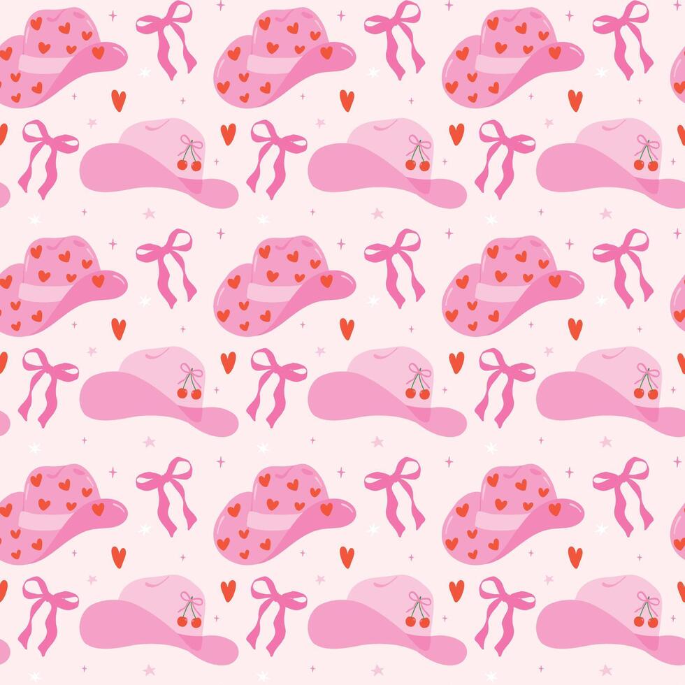 980x980 Retro Coquette Cowgirl Hat Hot Pink with bow Seamless Pattern, Girly Western Groovy Wallpaper isolated on background