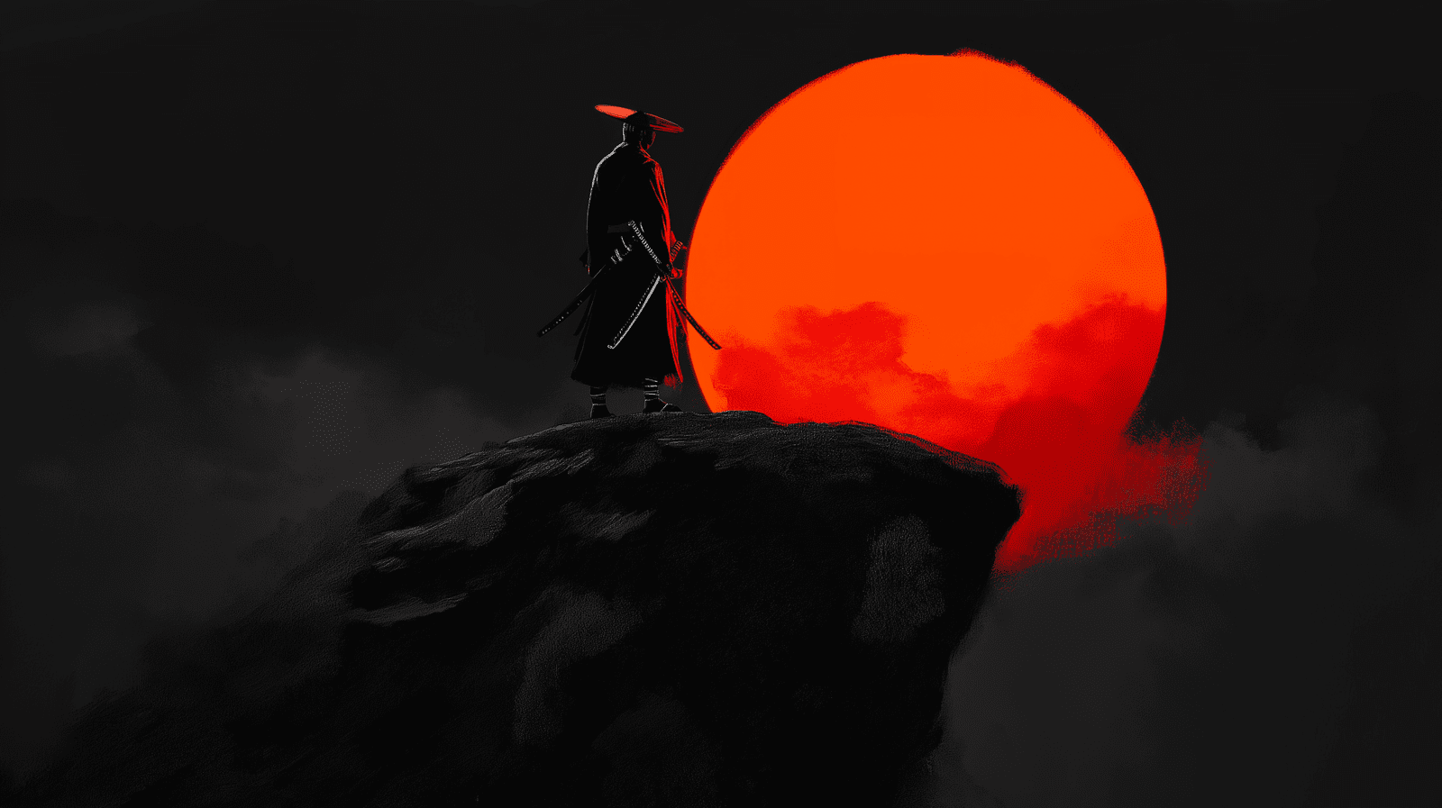 1600x897 Mural Wallpaper samurai. Lone warrior under the red sun