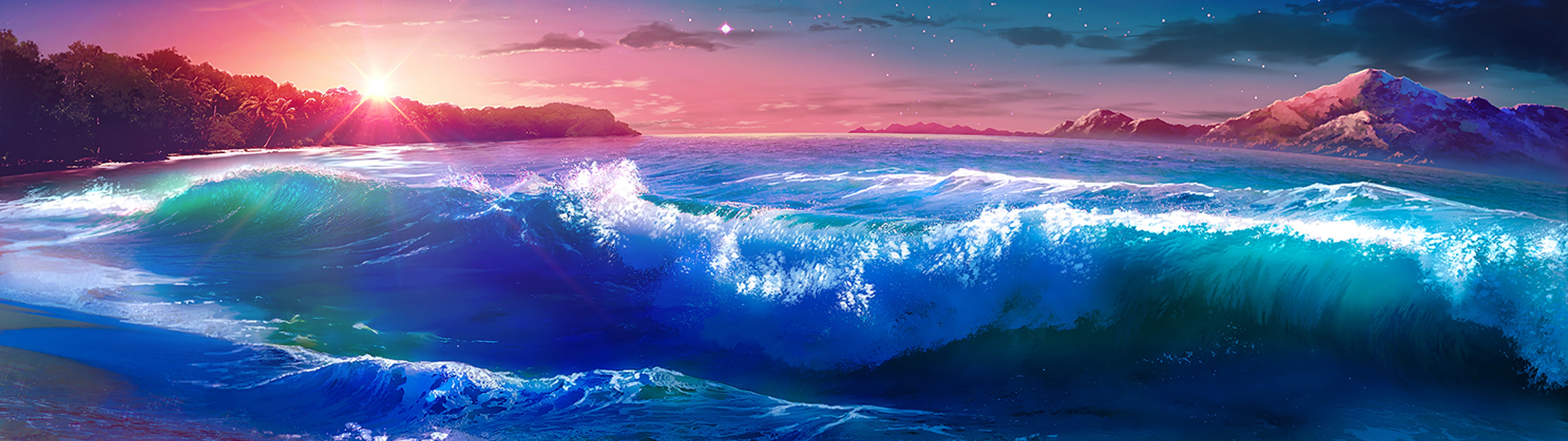 7680x2160 Beach Waves Sunset Scenery Anime 4K Wallpaper HD