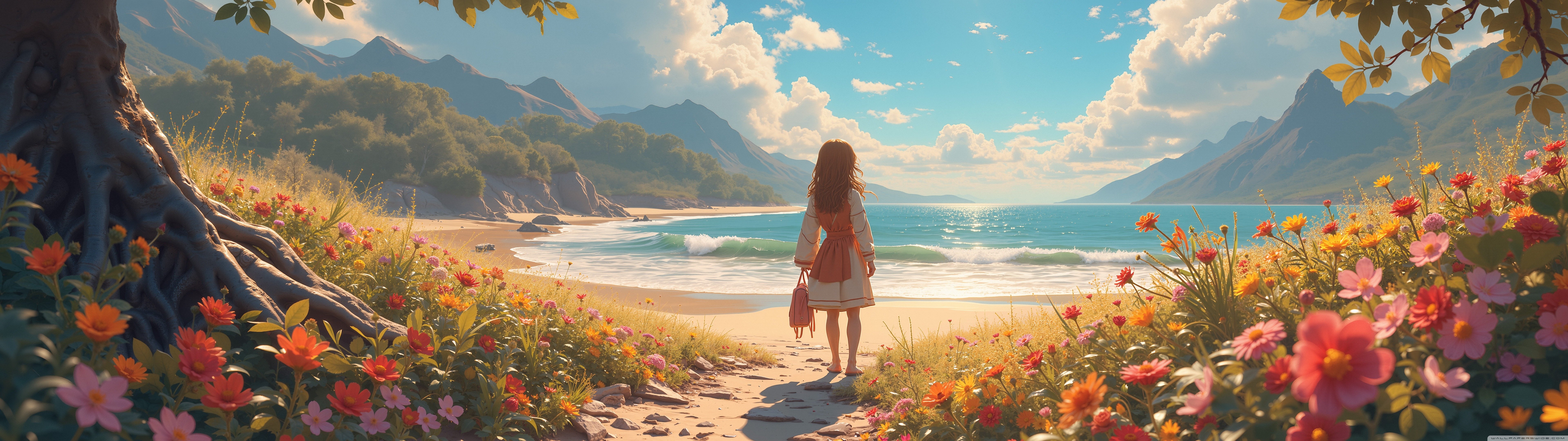 7680x2160 Girl Arriving at the Beach 4K UHD Wallpaper for UltraHD Desktop and TV : Widescreen and UltraWide Display and Triple : Smartphone and Tablet Devices