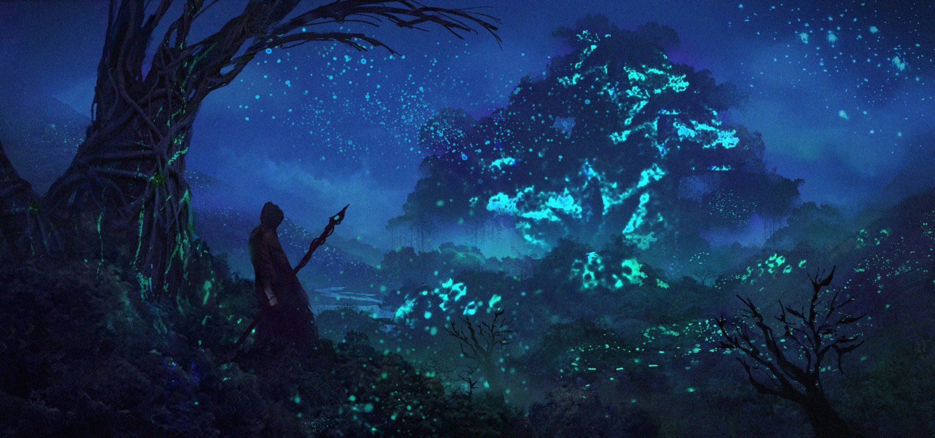 1920x899 Enchanted Night: A Fantasy Forest HD Wallpaper