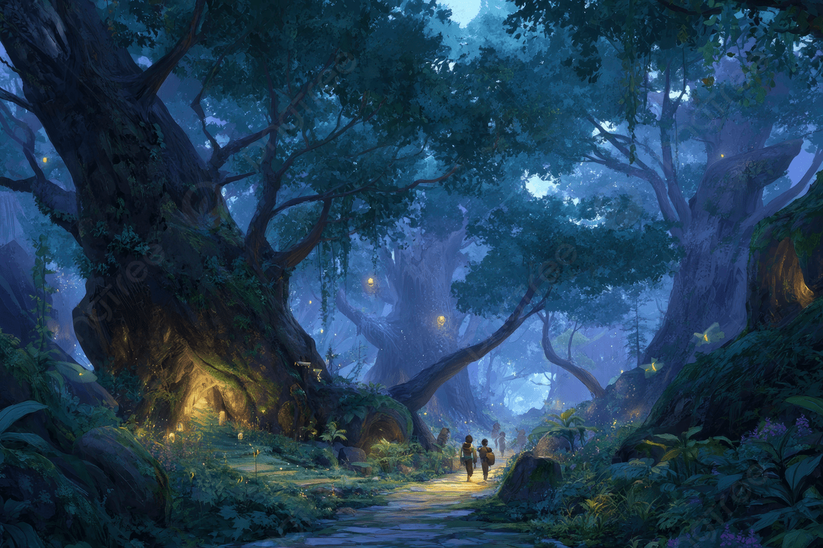 1200x800 A Fantasy Forest With Giant Trees Person Walkingh Blue Hue On Background, Forest, Trees, Fantasy Background Image And Wallpaper for Free Download
