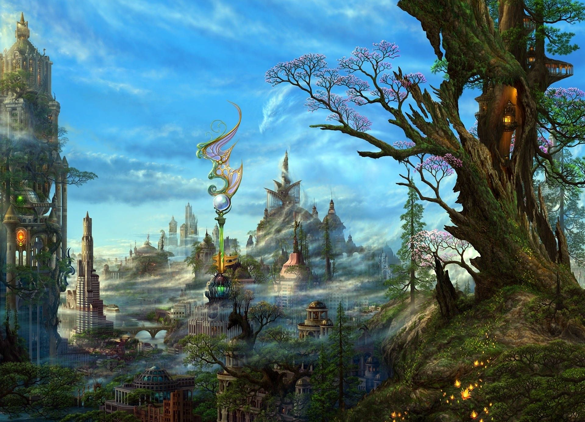 1920x1384 Download Fantasy Forest City Art Wallpaper