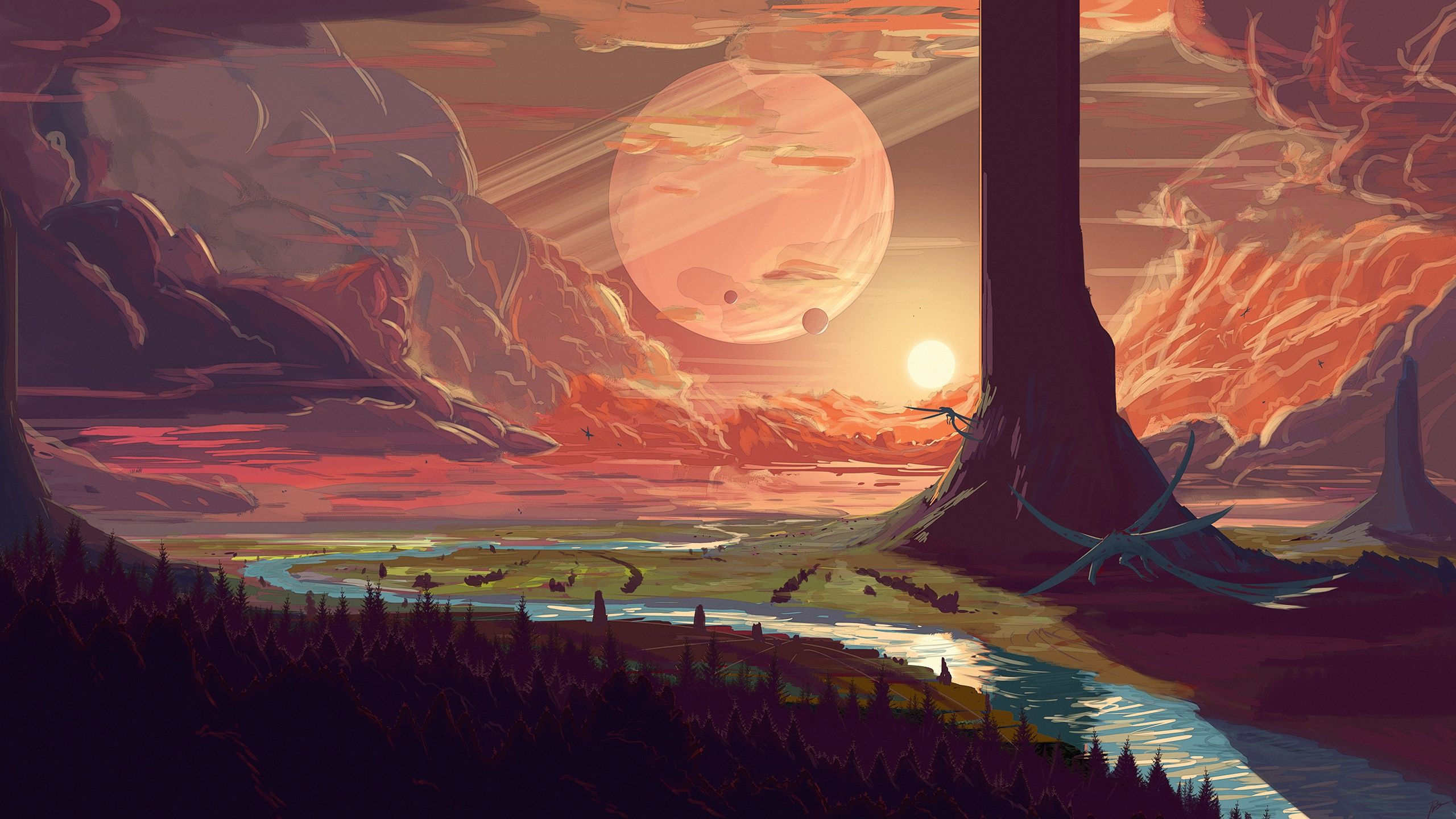 2560x1440 Wallpaper fantasy, forest, river, trees, sunset, clouds, planet, artist for mobile and desktop, section фантастика, resolution 2560x1440