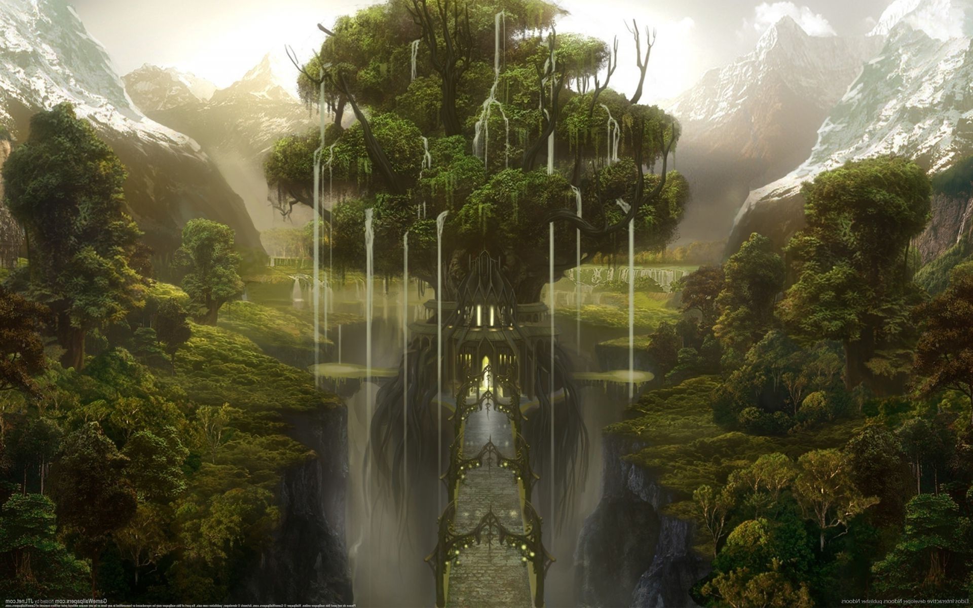 1920x1200 Forest Mountains Gorge Bridge Tree Castle for your phone