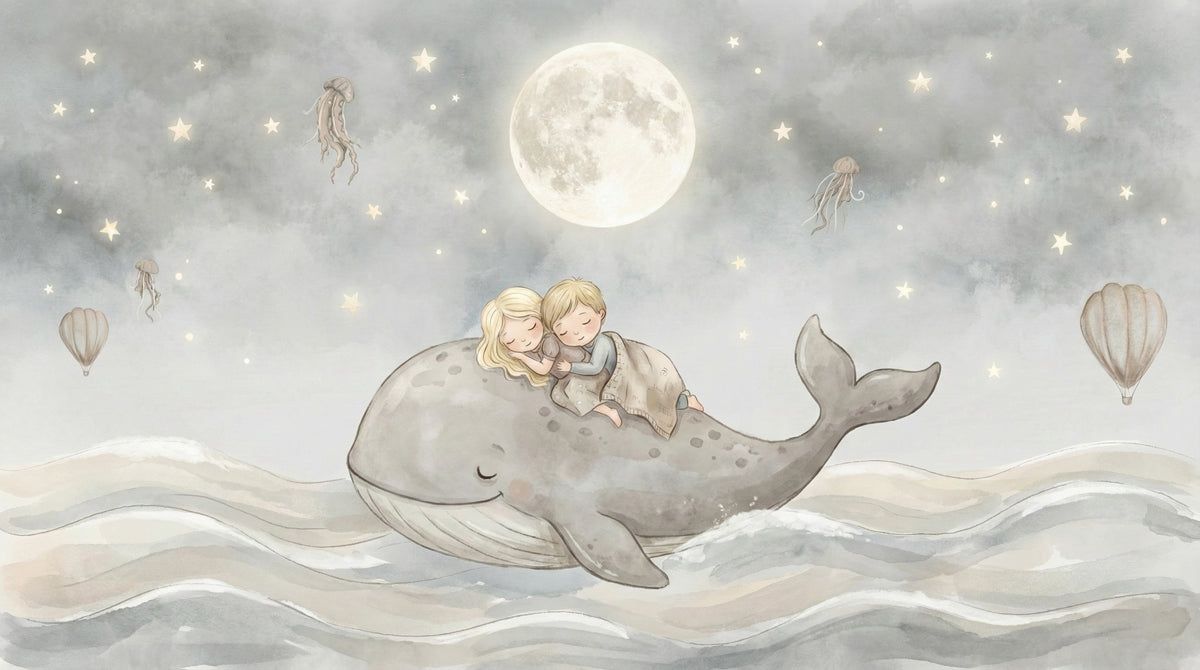 1200x670 Whimsical Children Sleeping On Whale Mural Wallpaper. Dreamy Moonlit Nursery Art