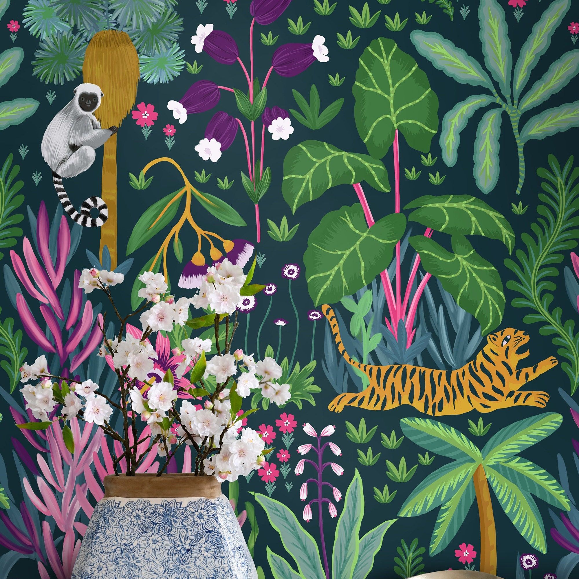 2000x2000 Tropical Dark Jungle Wallpaper, Whimsical Tiger Painting Dark Boho Wall decor, Exotic Nature Scene Wall Art