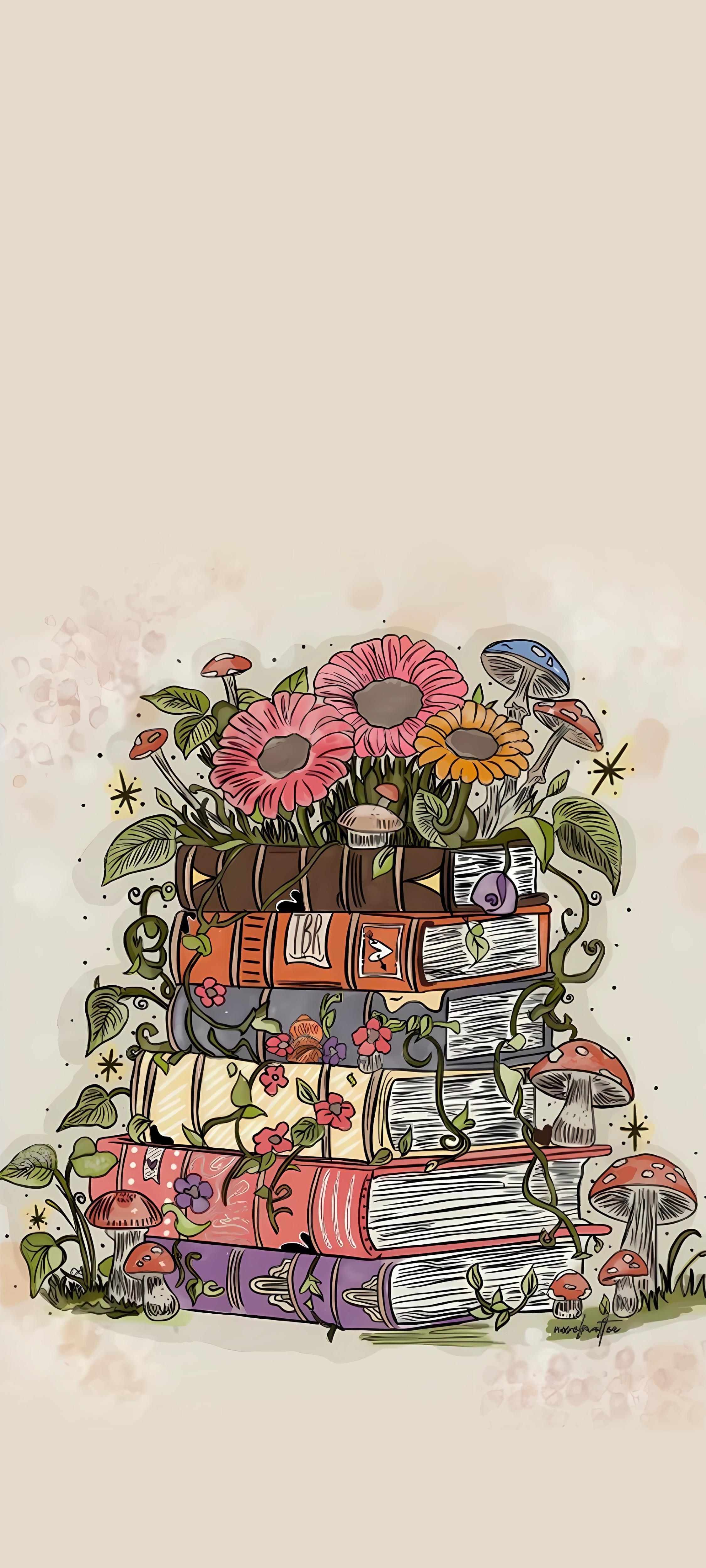 2250x5000 Books, whimsical art, DEPTH EFFECT, phone wallpaper [2250x5000] [20:9]